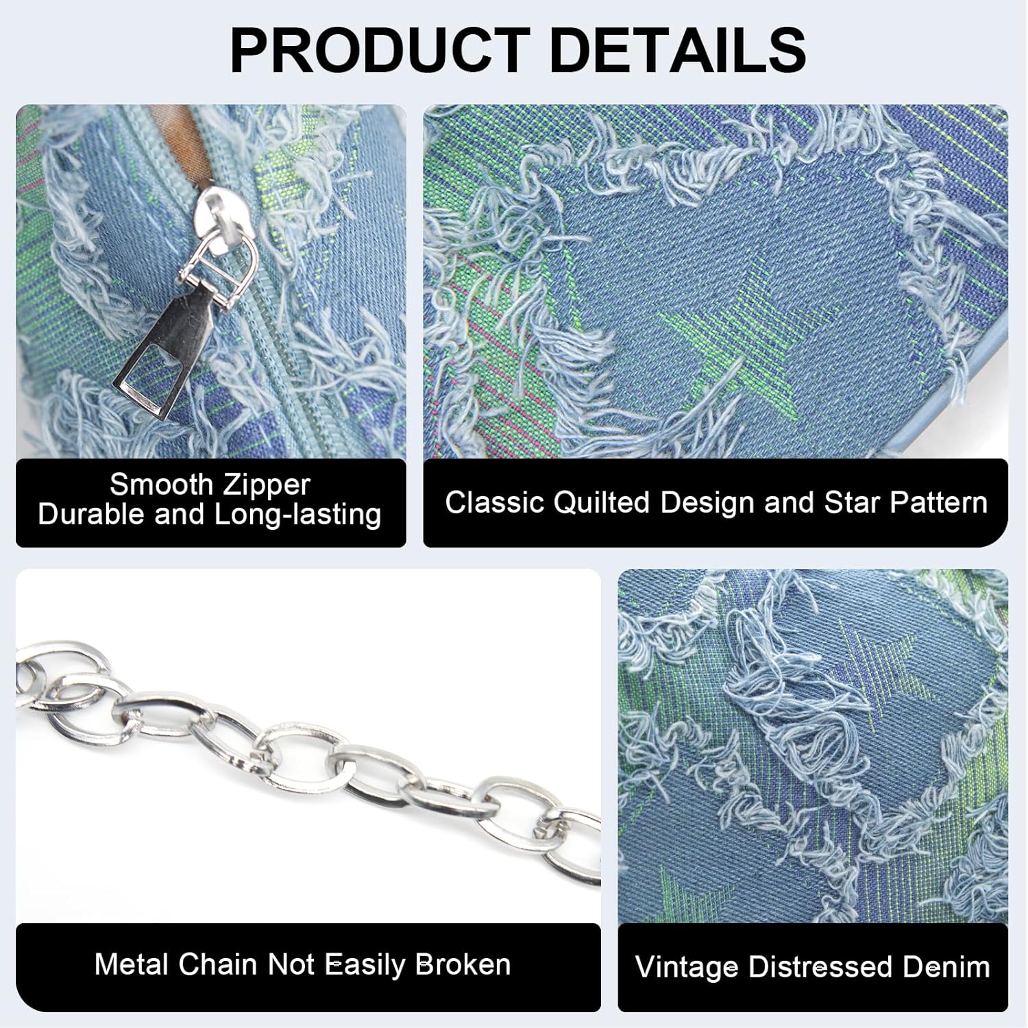 YAMEIZE Quilted Denim Shoulder Bag for Women Star Pattern Clutch Hobo Bag Small Tote Handbag with Zipper Closure - Image 4