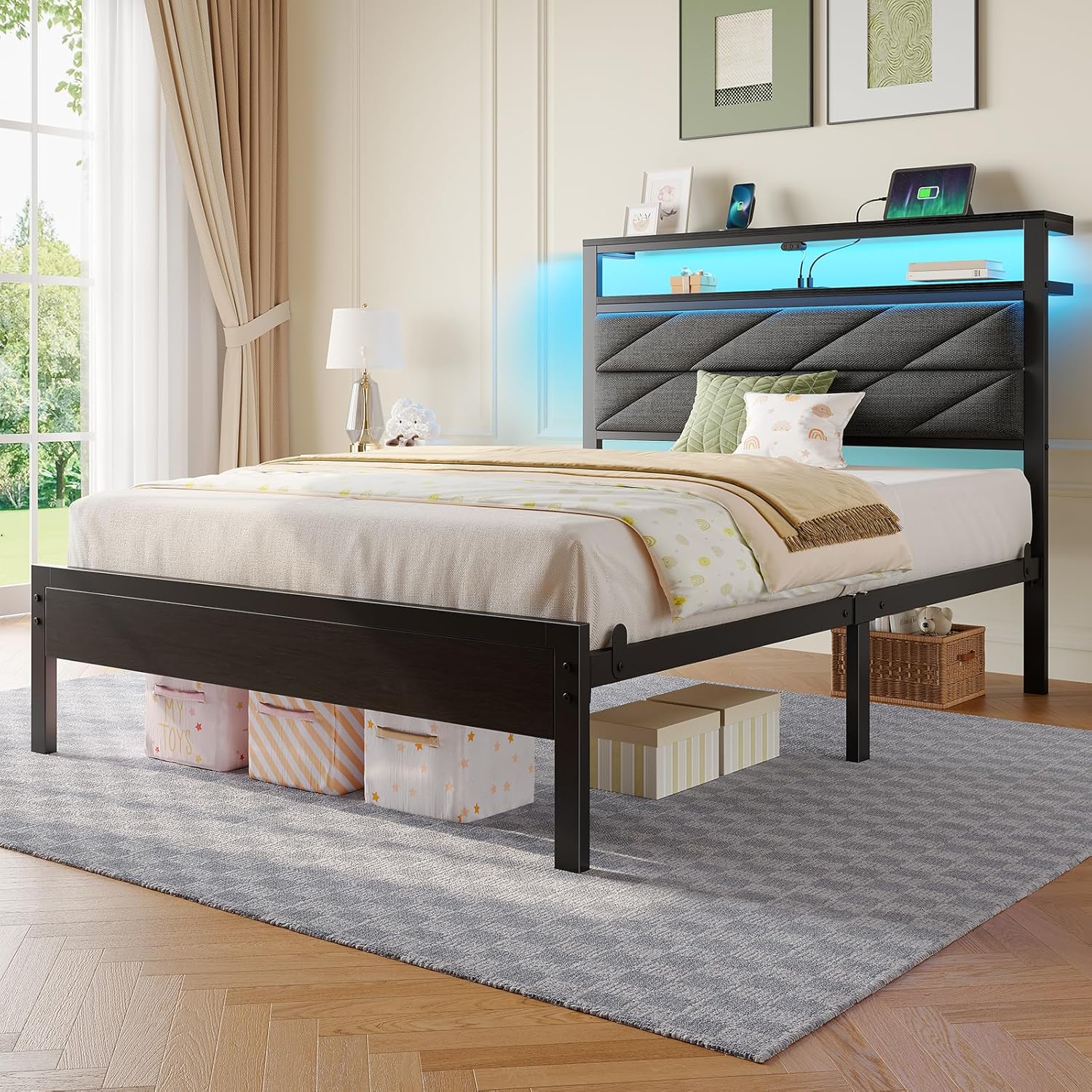 Seventable Twin Bed Frame with Charging Station & LED Lights, Upholstered Headboard with 2-Tier Storage Shelves, Metal Platform with Under Bed Storage, No Box Spring Needed, Easy Assembly, Dark Grey