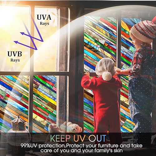 Miniatura 77 de Beautysaid Película de privacidad para ventana, vitral, prisma arco iris 3D, se adhiere a ventanas, bloqueo de calor, tinte para atrapasoles