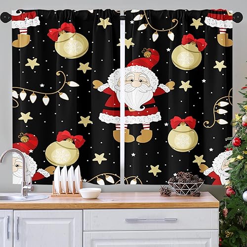 Miniatura 2 de Tayney Juego de 2 cortinas de cocina de Navidad con Papá Noel para ventana sobre el fregadero, cortinas cortas negras de Navidad para cocina,