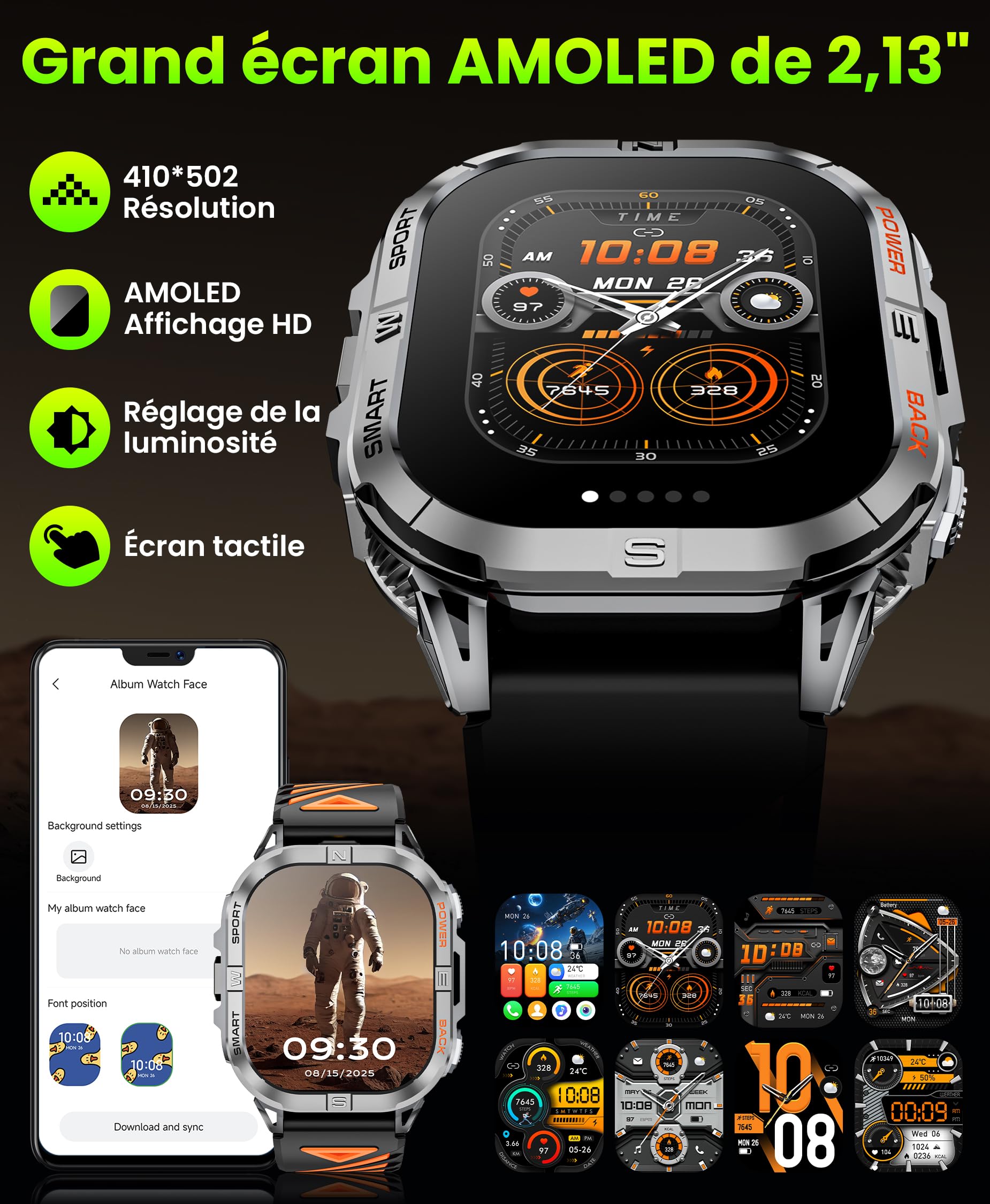 GPS Montre Connectée Homme, 2,13" AMOLED Militaire Smartwatch avec Torche LED/Boussole/100+ Modes Sportifs/580mAh Batterie/Surveillance Santé/Appels Bluetooth pour Android iOS (Noir)