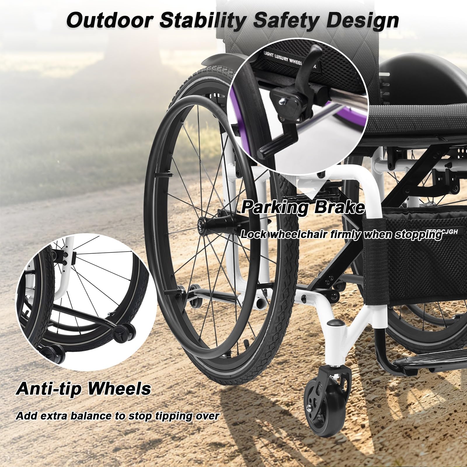 Sedia a Rotelle Pieghevole ad Autospinta, Leggera, Alluminio | Freno manuale, Poggiapiedi pieghevoli, Carrozzina da Transito，per disabili(White,15.7in Seat Width)