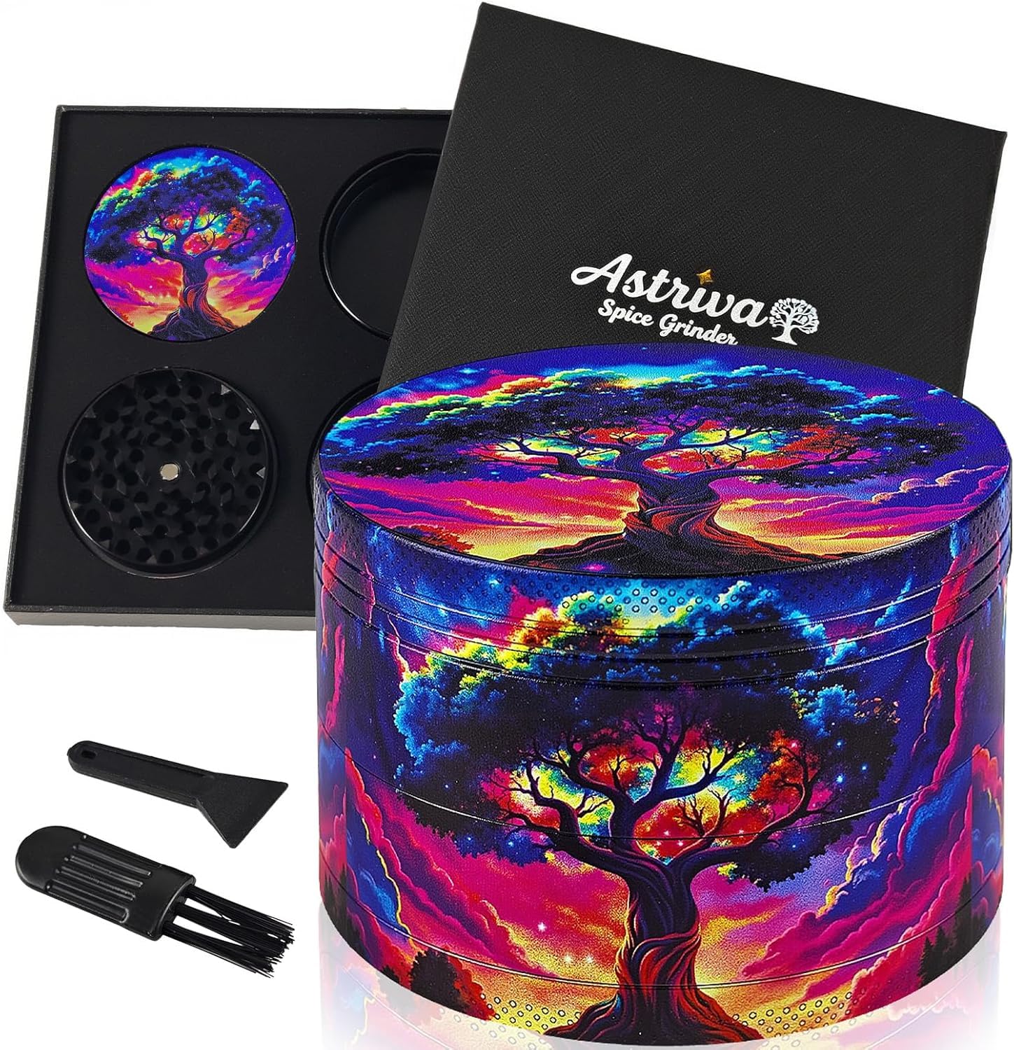 Grinder Herb Large, 63mm 4 Piece Grinder with 40 Sharp Shark Teeth, Cool Fantasy Metal Grinders for Kitchen Spice & Herbal Tea, Gift Set for Boyfriend & Girlfriend, Man & Women (Neon Sky Tree)