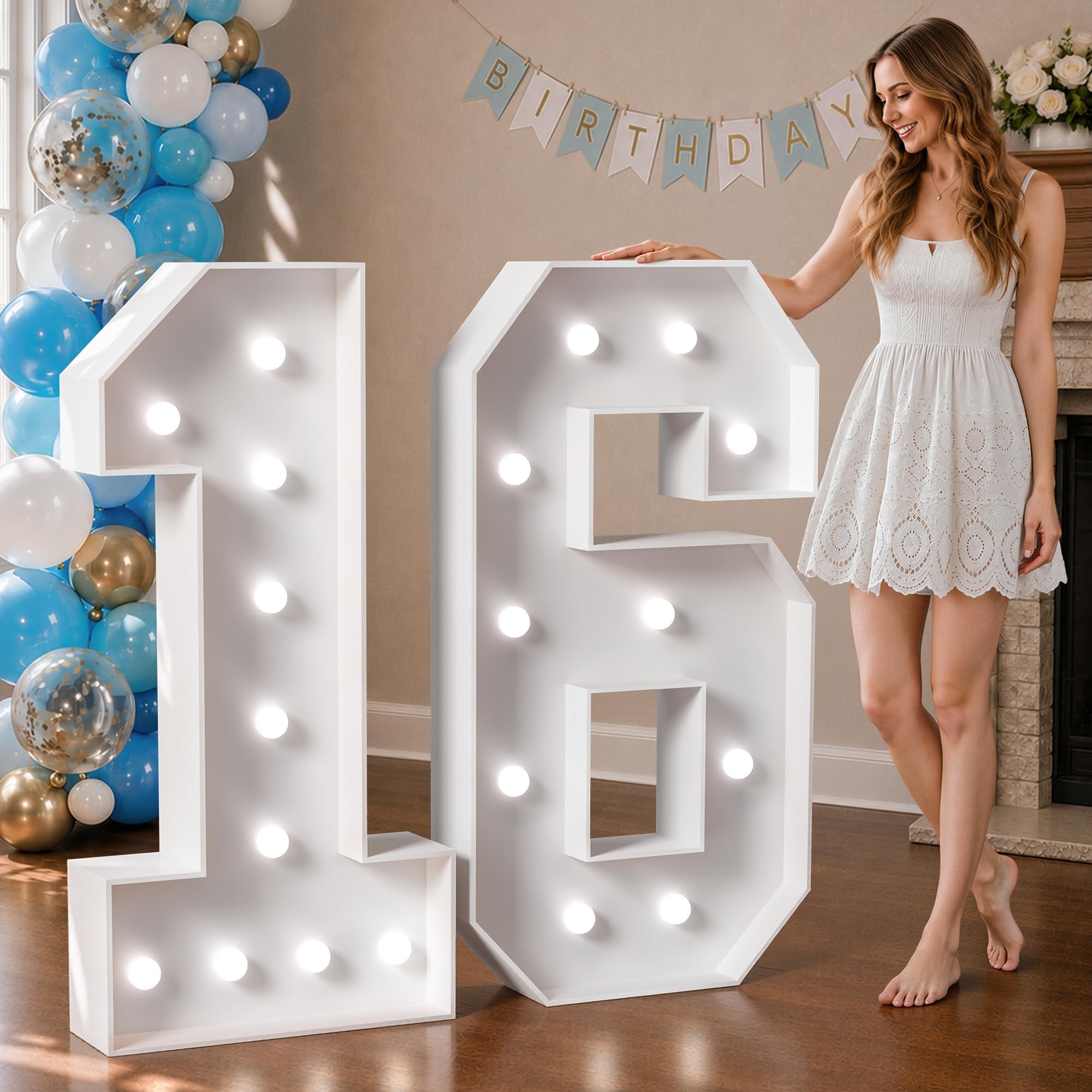 Marquee Numbers 4 Feet Tall Big Light Up Numbers Sweet 16 16th Happy Birthday Decorations Girl Boy White Anniversary Party Decor Large Cardboard Prop Backdrop Sign 16