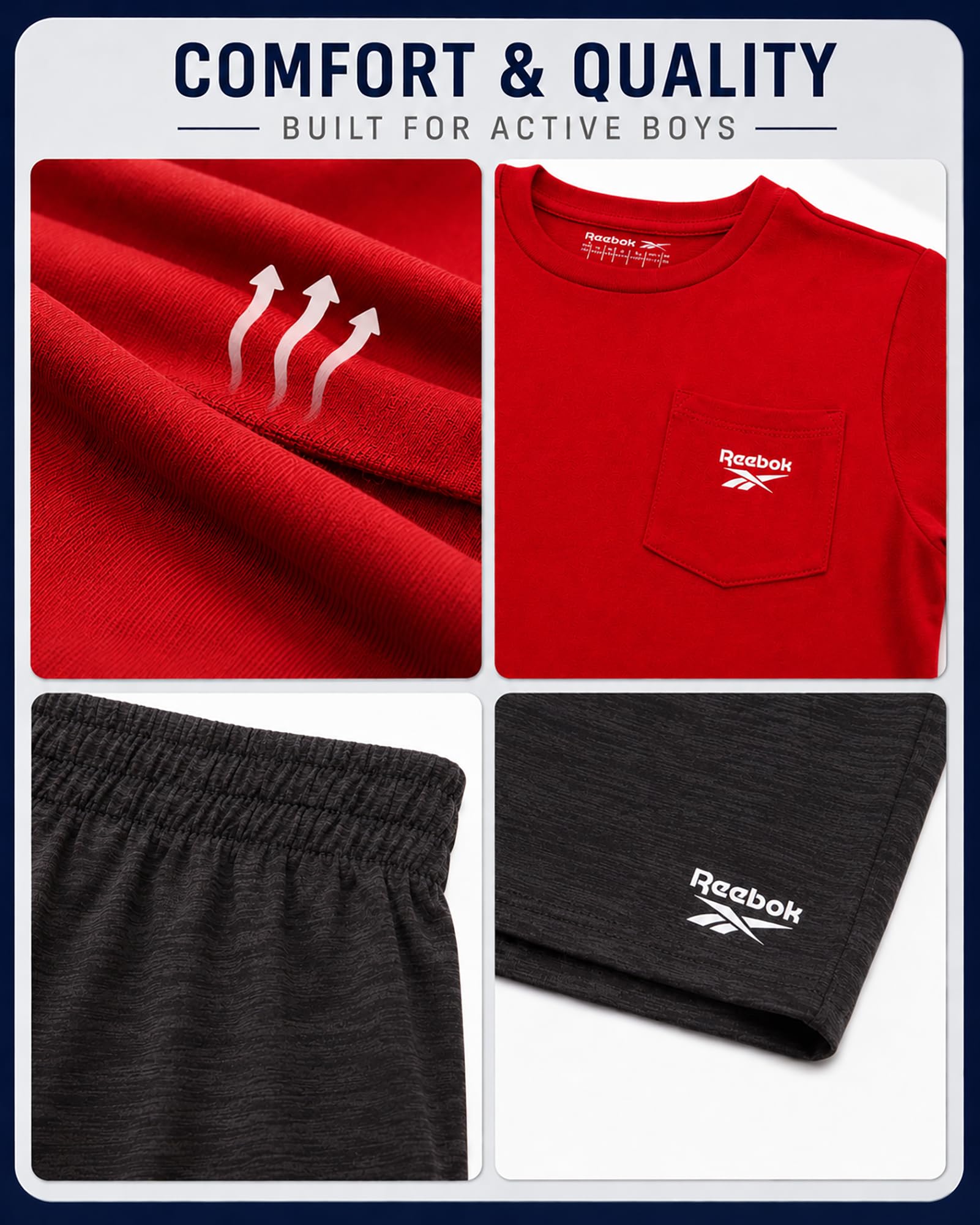 Reebok Conjunto de pantalones cortos deportivos para niños, ropa de verano de 2 piezas con camiseta gráfica y pantalones cortos de baloncesto para niños activos