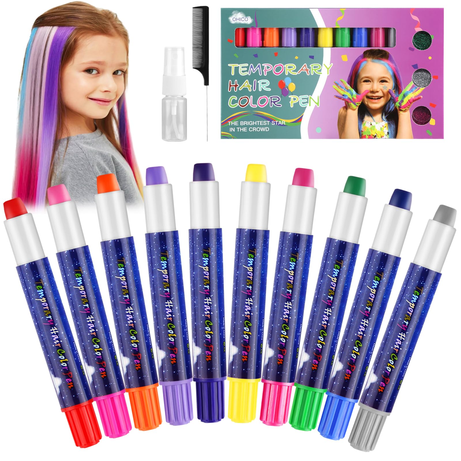 Hair Chalk - Gesso per capelli per bambini, 10 colori, colori temporanei, atossico e lavabile, per ragazze, con pettine e flacone spray, per tintura temporanea, capelli colorati