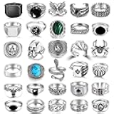 RIOSO Vintage Silver Punk Rings for Men Statement Skull Snake Biker Hippie Wing Signet Chunky Ring Cool Gothic Ring Set