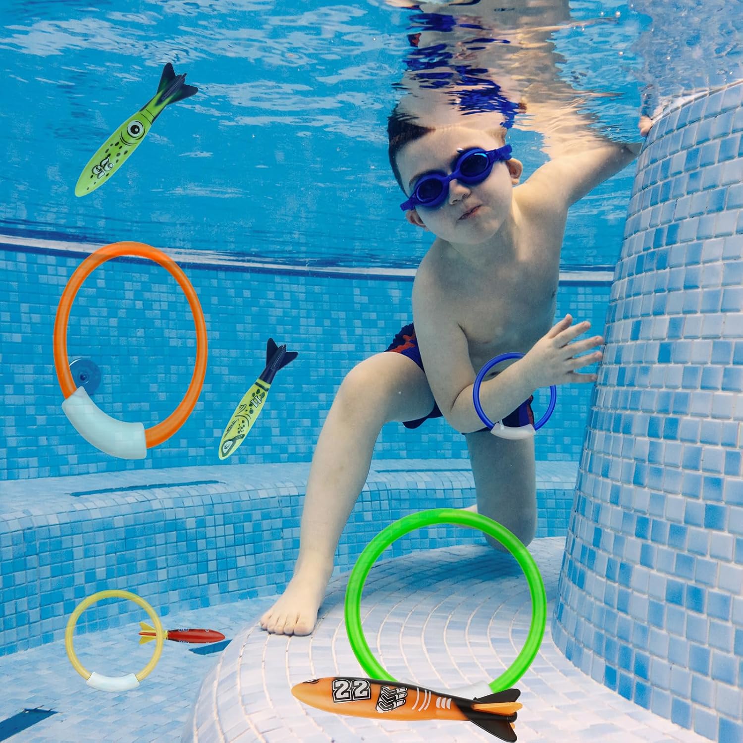 8 Pack Pool Toys, Shark Underwater Training Pool Diving Rings & Torpedo for Kids Ages 4-12, Summer Swim Water Fun