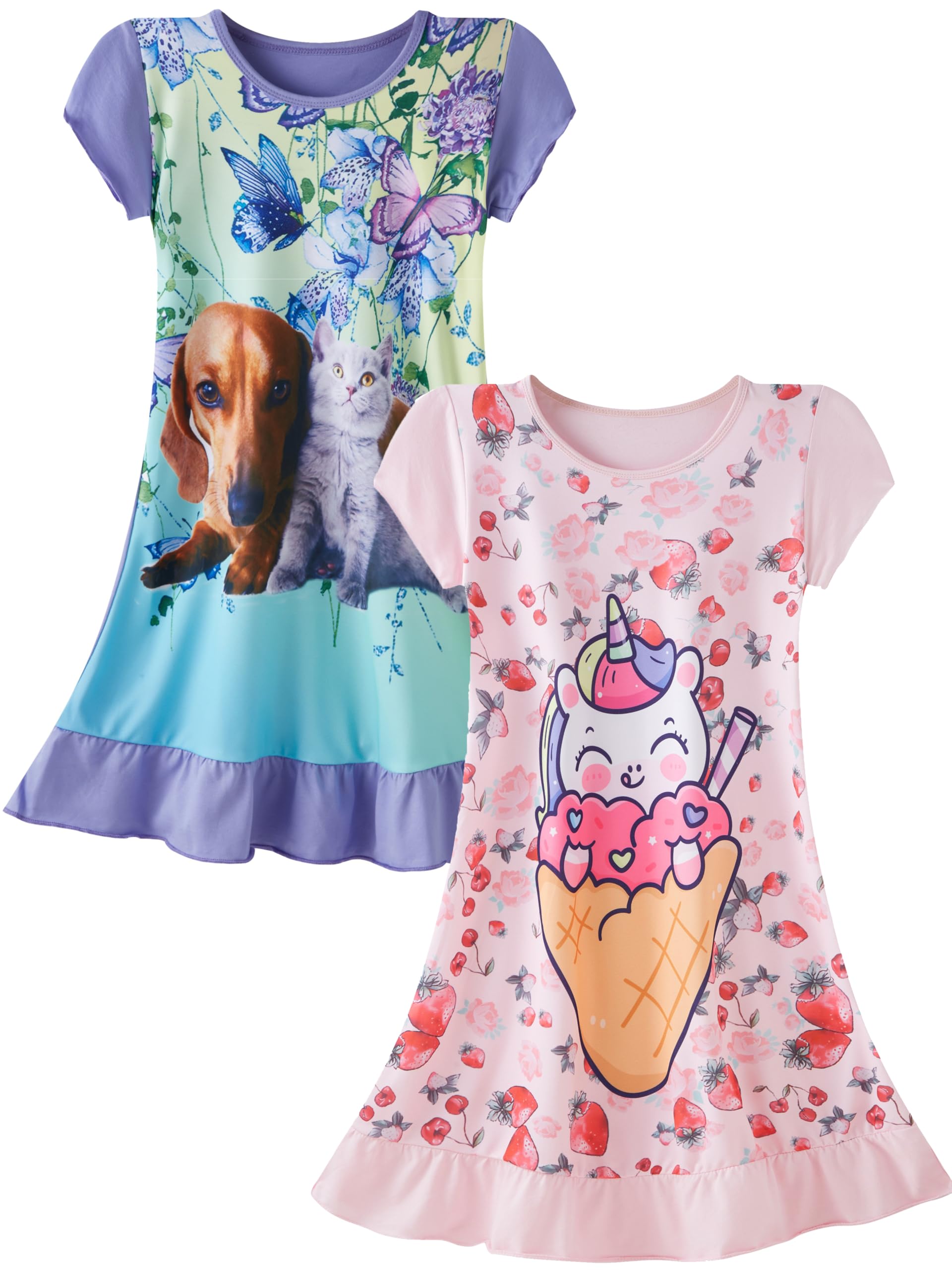 LOLPIP Nachthemden für Mädchen Kleid Kinder Nachthemden Einhorn Nachthemd 2er-Pack 3-10 Jahre