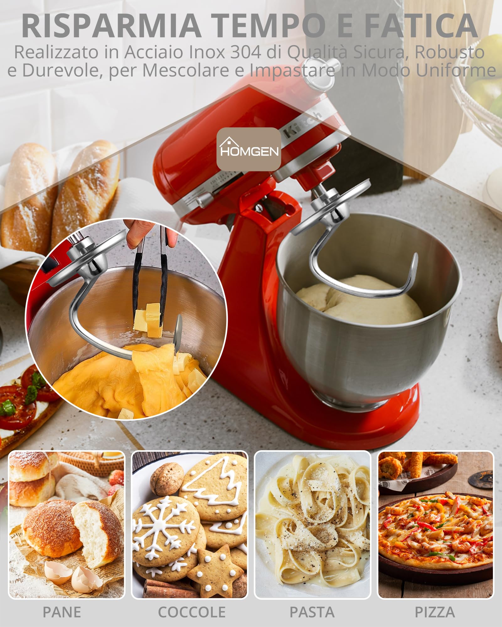 HOMGEN Gancio per Impasto per Impastatrice KitchenAid Miscelatore Fit 4,5-5 Qt Kitchenaid Accessori Gancio in Acciaio Inox Spirale Gancio Pasta Accessorio per KitchenAid Stand Mixer KSM150 K45DH
