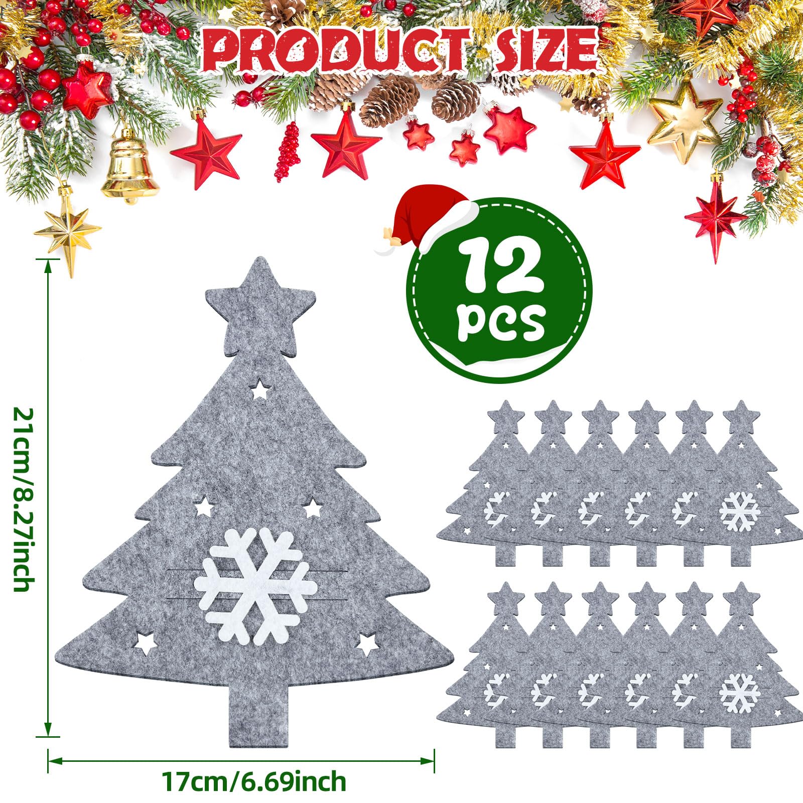 12 Porte-couverts De Noël En Forme De Sapin - Tissu Non Tissé - Décoration De Table Avec Flocons, étoiles - Rouge Festif
