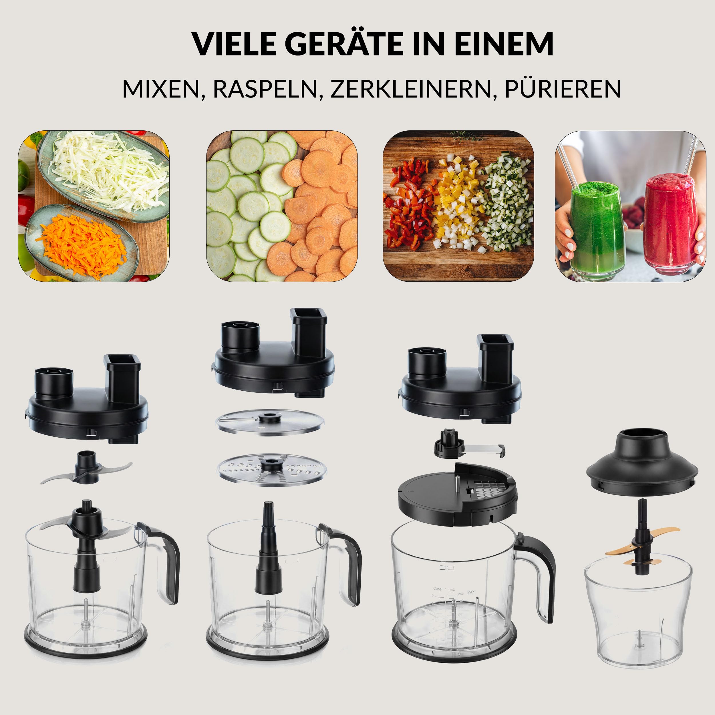 LEHMANN Blender ręczny zestaw 2000 W, wielofunkcyjny blender immersyjny 10 w 1, 12 stopni i funkcja turbo, 12 akcesoriów, system zapobiegający zarysowaniom, kubek 800 ml, rozdrabniacz 600 ml i