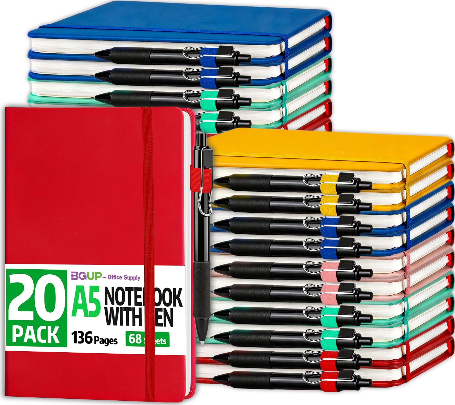 Confezione da 20 quaderni a righe con penna, formato A5, copertina rigida in pelle, 14 x 21,1 cm, 5 colori, 136 pagine, set di quaderni a righe e penna, per ufficio, scuola, lavoro