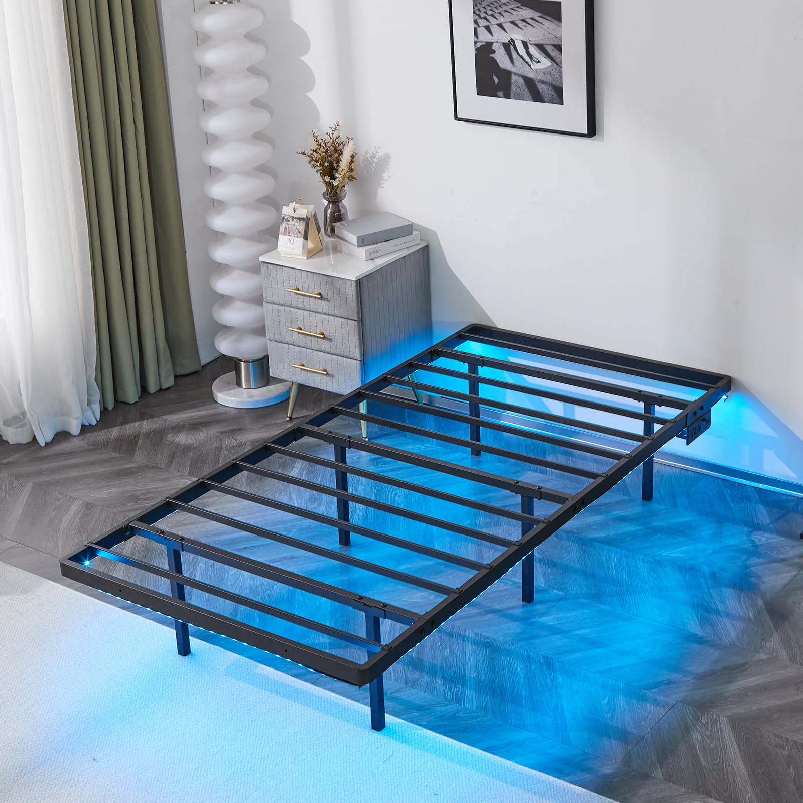 VINGLI Bed Frame Twin with USB Charging Station/LED Lights, 14'' Platform Bed Frame Twin Size Heavy Duty Metal Bed, No Box Spring Needed,Black