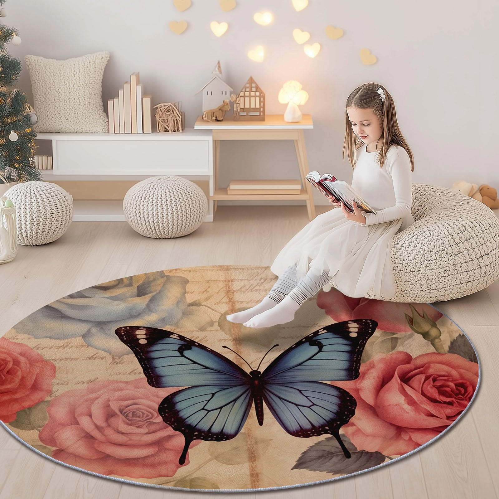 Flauschiger Runder Teppiche Runder 140 cm, Weicher Plüsch Teppich für Schlafzimmer Wohnzimmer - Art Déco Vintage Blumenmuster Schmetterling Bedruckter Kinderteppich Kuscheliger Teppich Beige