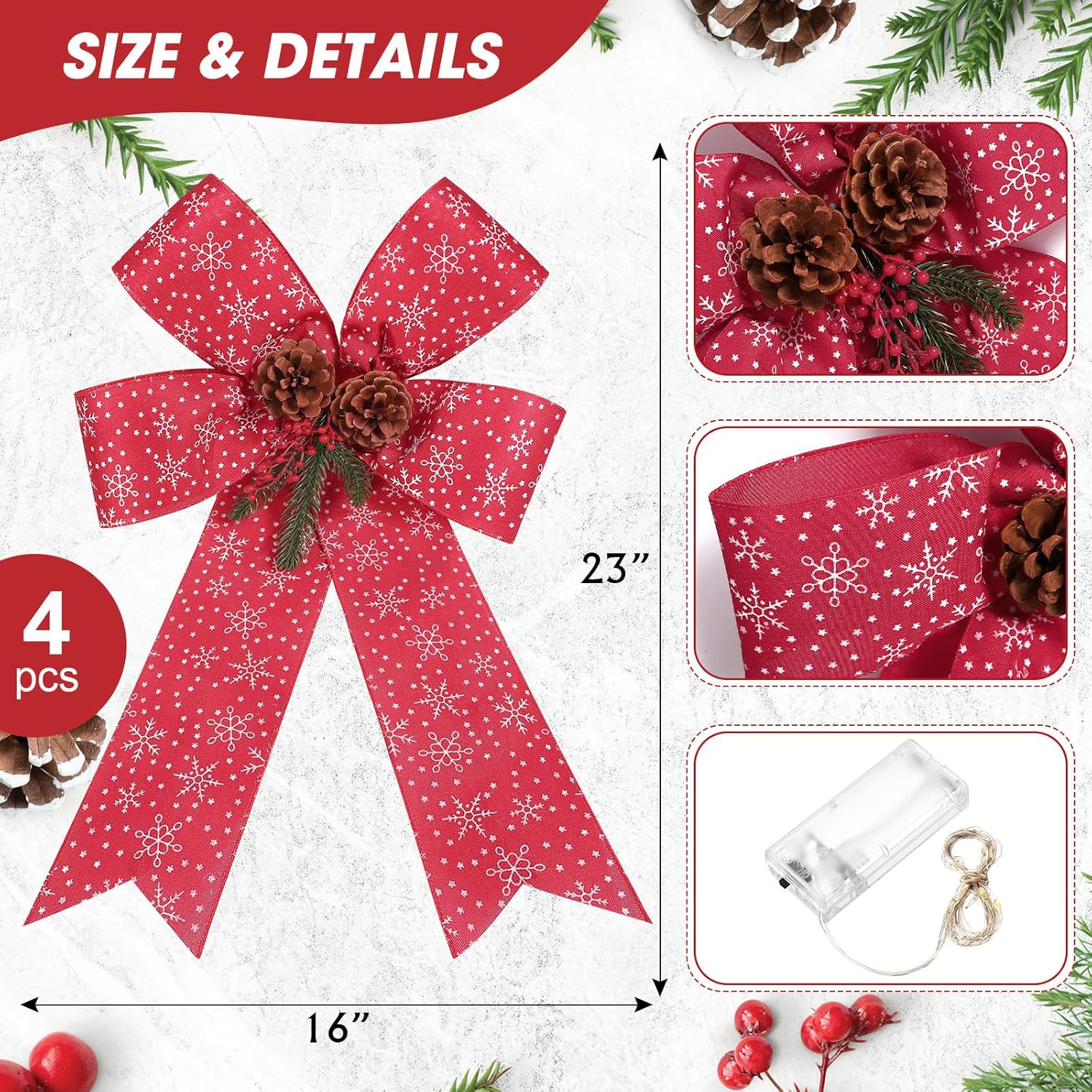 Christmas LED Wreath Bow Outdoor Decorations, 23 x 16 Inch Battery Powered Big Xmas Wreath Bow with Light Xmas Tree Topper Christmas Wall Door Front Outdoor Tree Decoration(1 Pcs) - Image 2