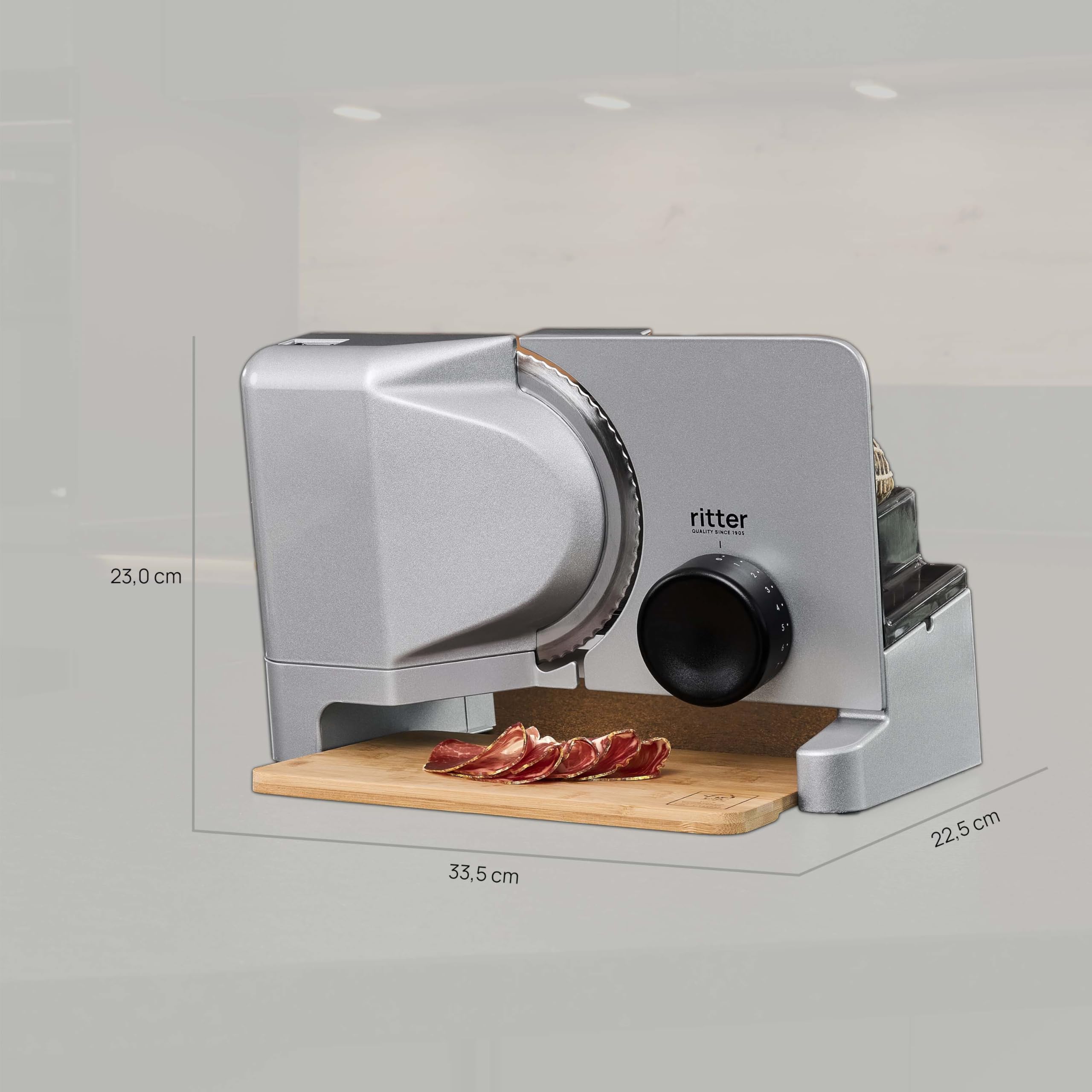 Ritter Varido 5 Elektrischer Allesschneider Brotschneidemaschine aus Metall mit ECO-Motor Made in Germany Silbermetallic