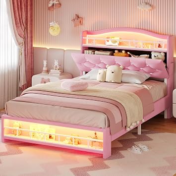 BTHFST Girls Twin Bed Frame, Velvet Hidden Storage Headboard, LED Lights