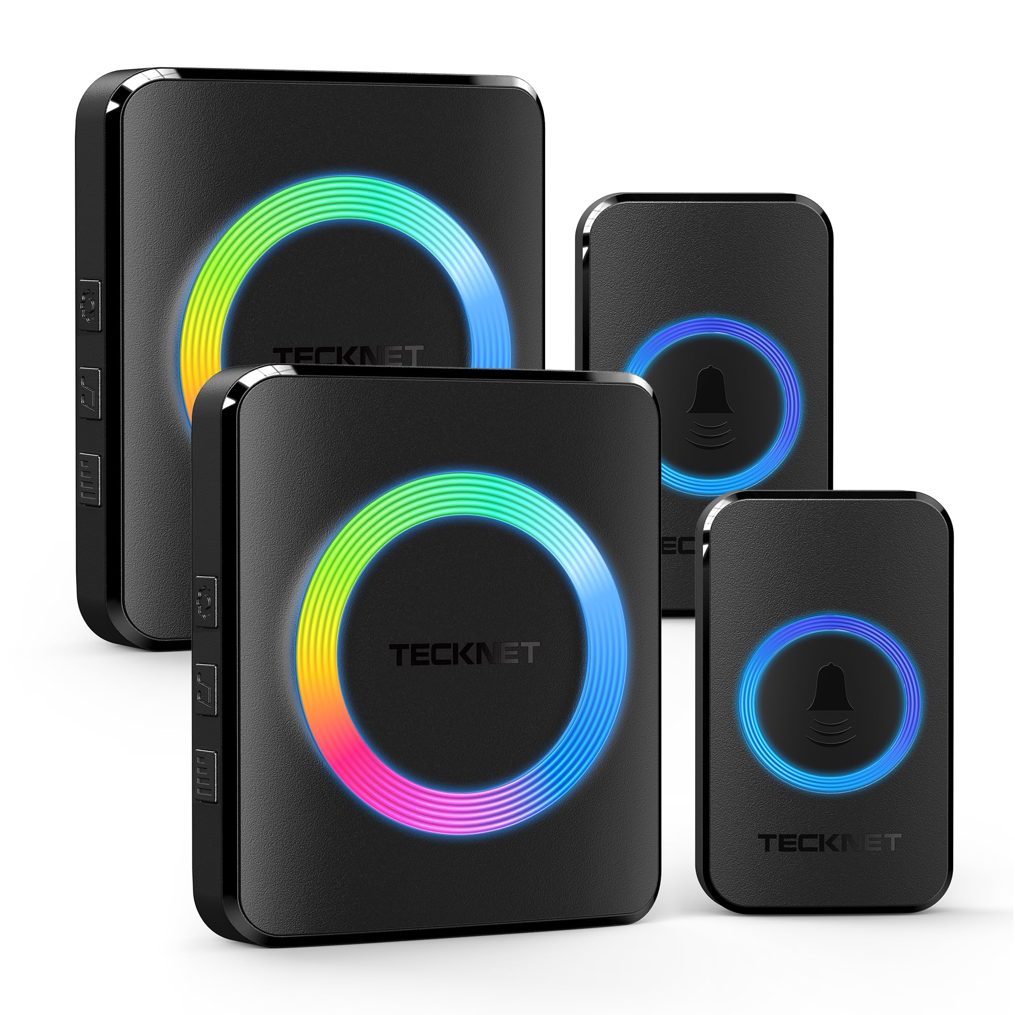TECKNET Funkklingel, Kabellose Türklingel Funk Set 400m Reichweite, IP65 Aussen Wasserdicht Haustür Klingel mit 2 Plug-In-Empfänger und 2 Sender, Ring doorbell und Klingelknopf Mit RGB-Blitz