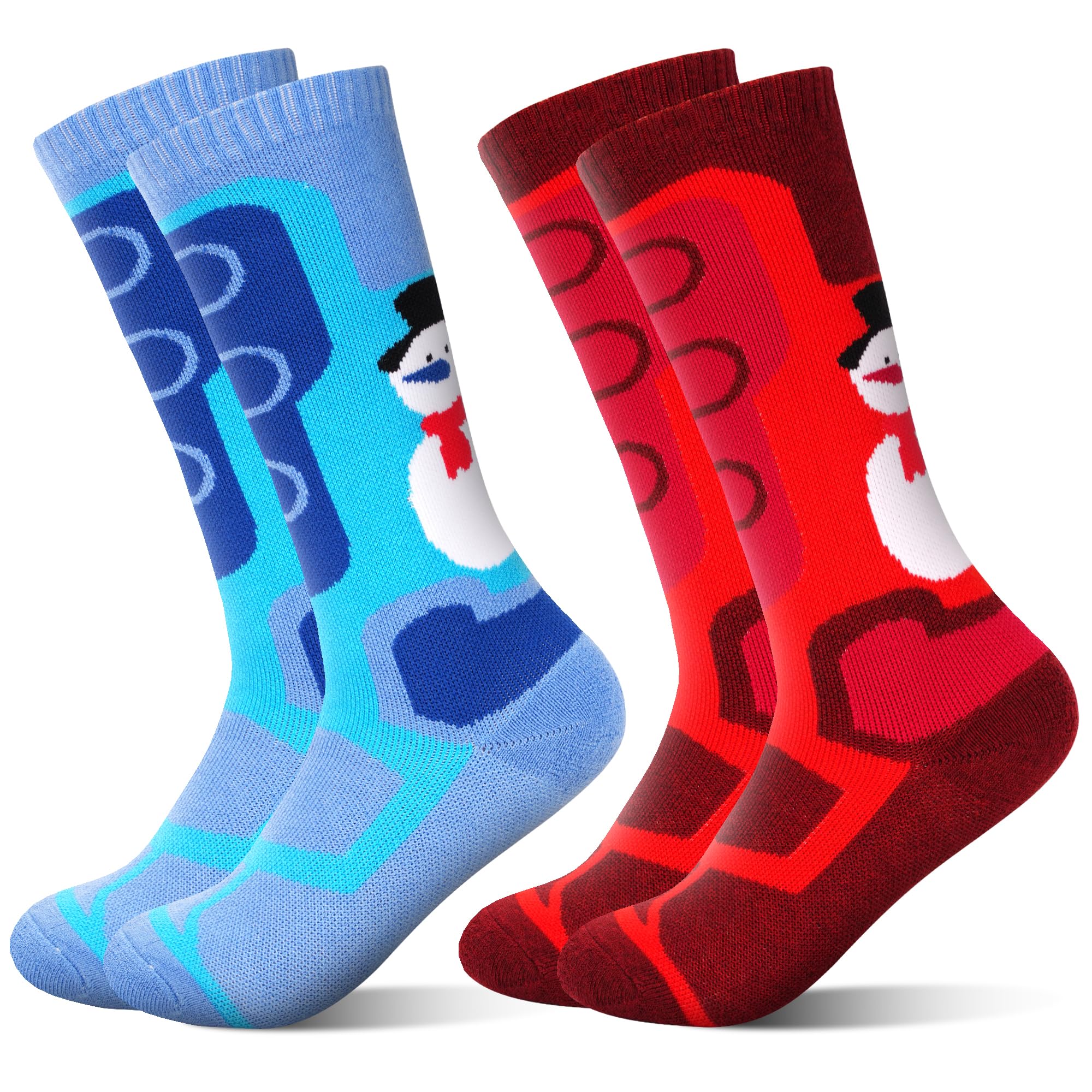 ELUTONG Kinder Skisocken, 2 Paare Jungen und Mädchen Warme Skisocken mit Sonnenaufgangs und Schneemannmotiven für Kinder 3-10 Jahre