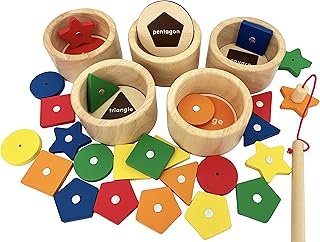 Dailyfunn Montessori Toy Wooden Sorting Cup&Fishing Game 2-in-1 Colors Shapes Sorting Matching Learning Toys for Toddlers 1-3 Year Old