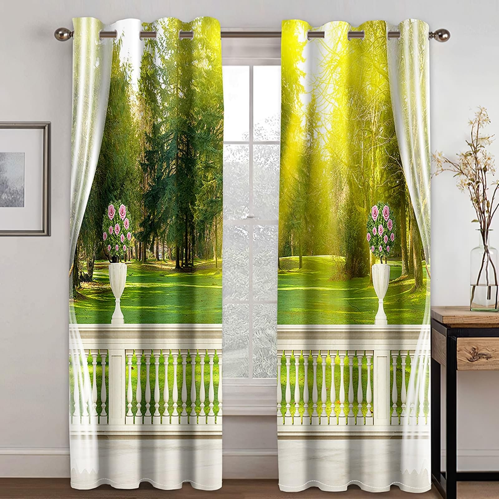 Blickdichter Vorhang 160 cm Lang, Vorhänge Verdunkelung mit Ösen 2er Set Gelb Grün Balkon Grasland Wald Landschaft Gardinen für Wohnzimmer Schlafzimmer Kinderzimmer, 107x160 cm(BxH)