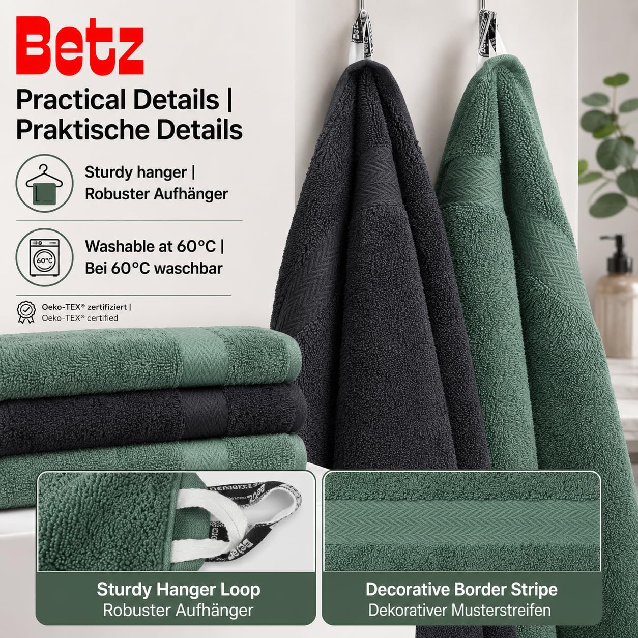 Betz Lot de 12 Serviettes Premium 2 draps de Bain 4 Serviettes de Toilette 2 Serviettes d'invité 2 lavettes 2 Gants de Toilette 100% Coton Couleur Graphite & Vert Sapin