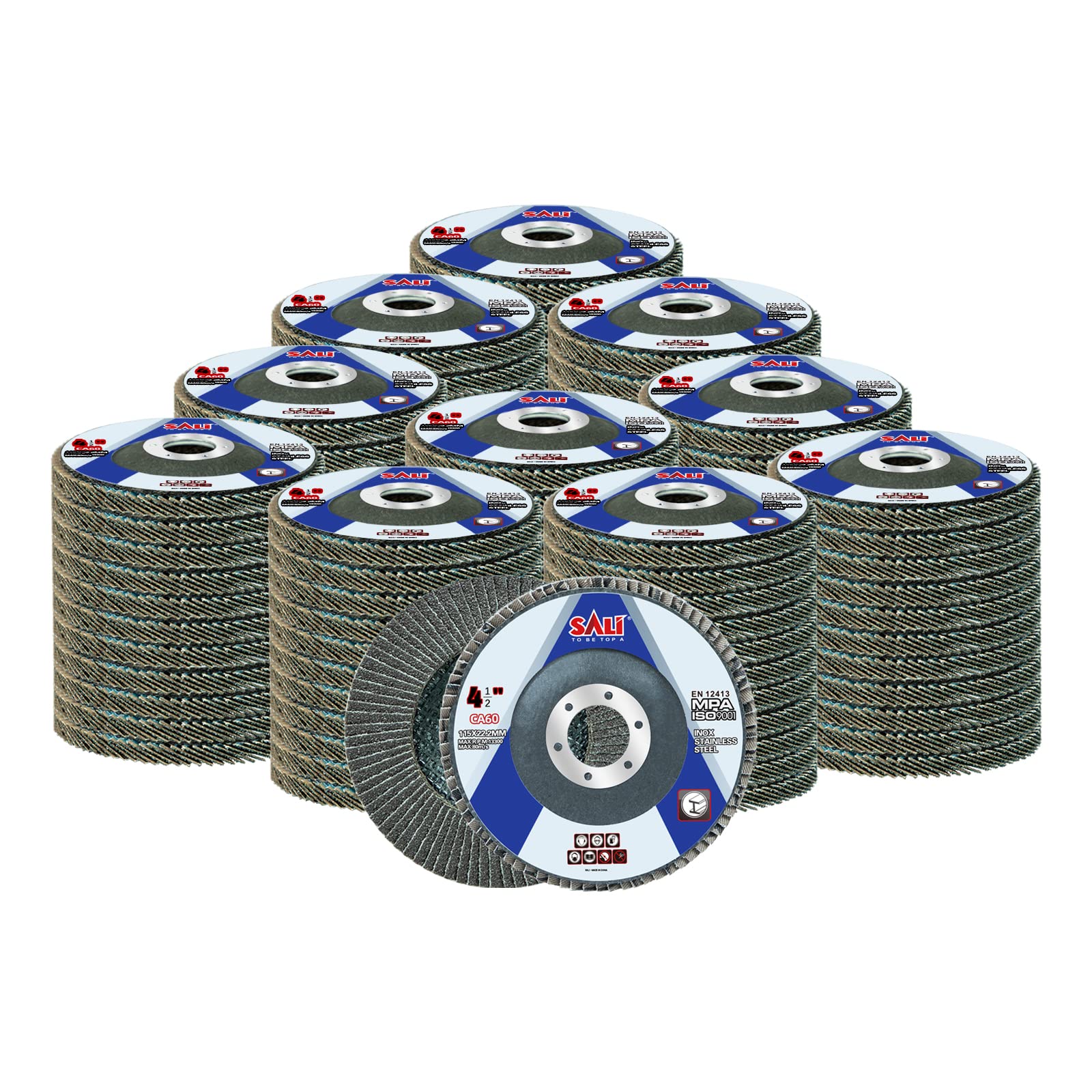 Sali 100 Pack Flap Disc 60 Grit 4.5" x 7/8-Inch Sanding Disc Bevel Type #29 Premium and Industrial Grade Angle Grinder Grinding Wheel High Performance