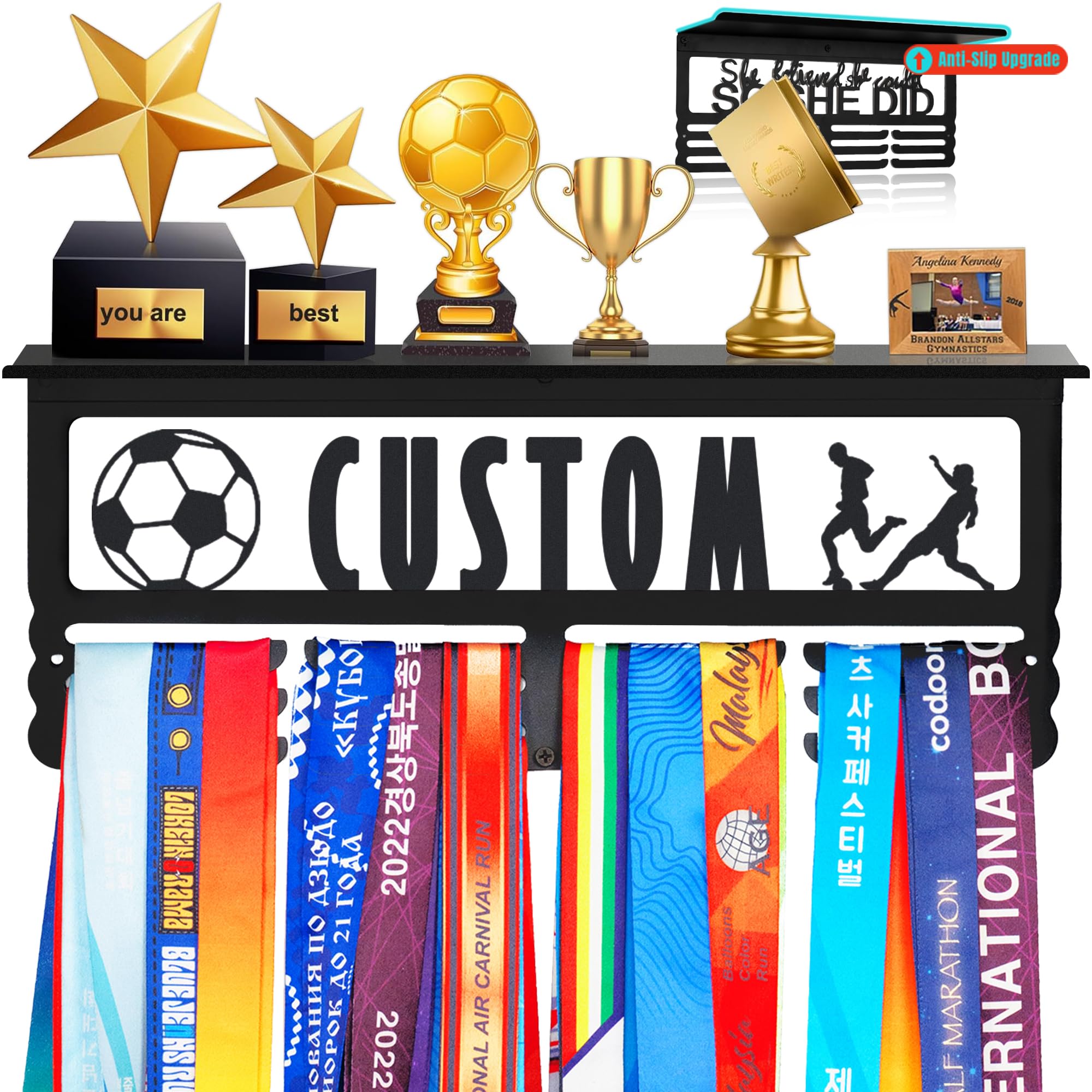 Personalized Medal Holder with Name Display Rack for Awards Ribbons - Metal Custom Sports Race Plaques Hanger for Wall Mount Hold Up 60 Medal Hanger Display for Athlete Boy Girl Kid