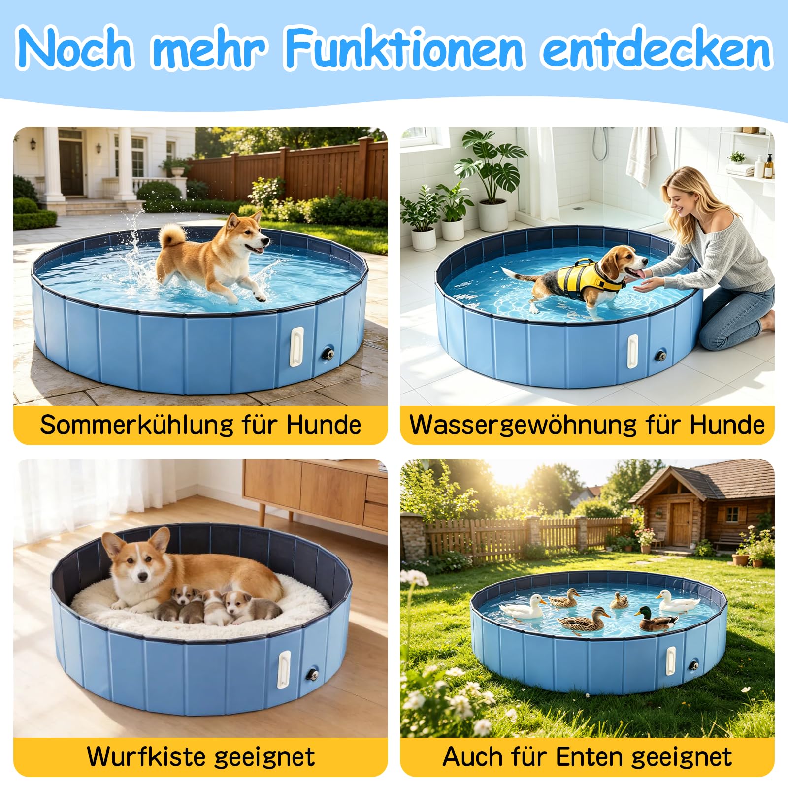 DEWEL Hundepool Faltbar Ø120 x 30 cm für mittelgroße Hunde | 5 mm verstärkte MDF-Struktur, Ideal zur Abkühlung, Zum Spielen im Wasser, Für Garten & Bad