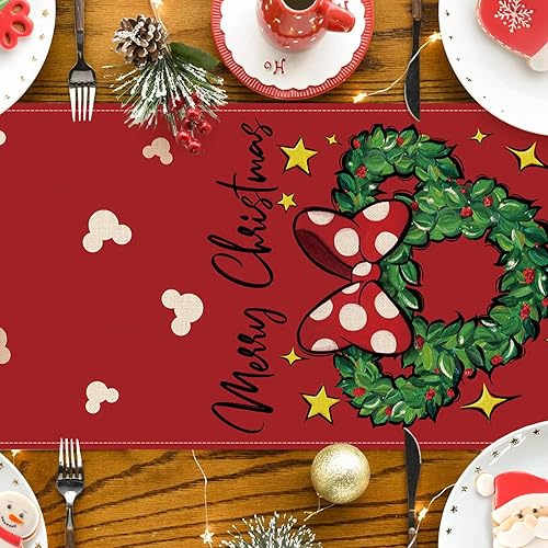 Miniatura 4 de Seliem Camino de mesa con corona de ratón de Feliz Navidad, lazo de lunares rojos con estrellas, decoración de mesa de cocina, comedor, decoración