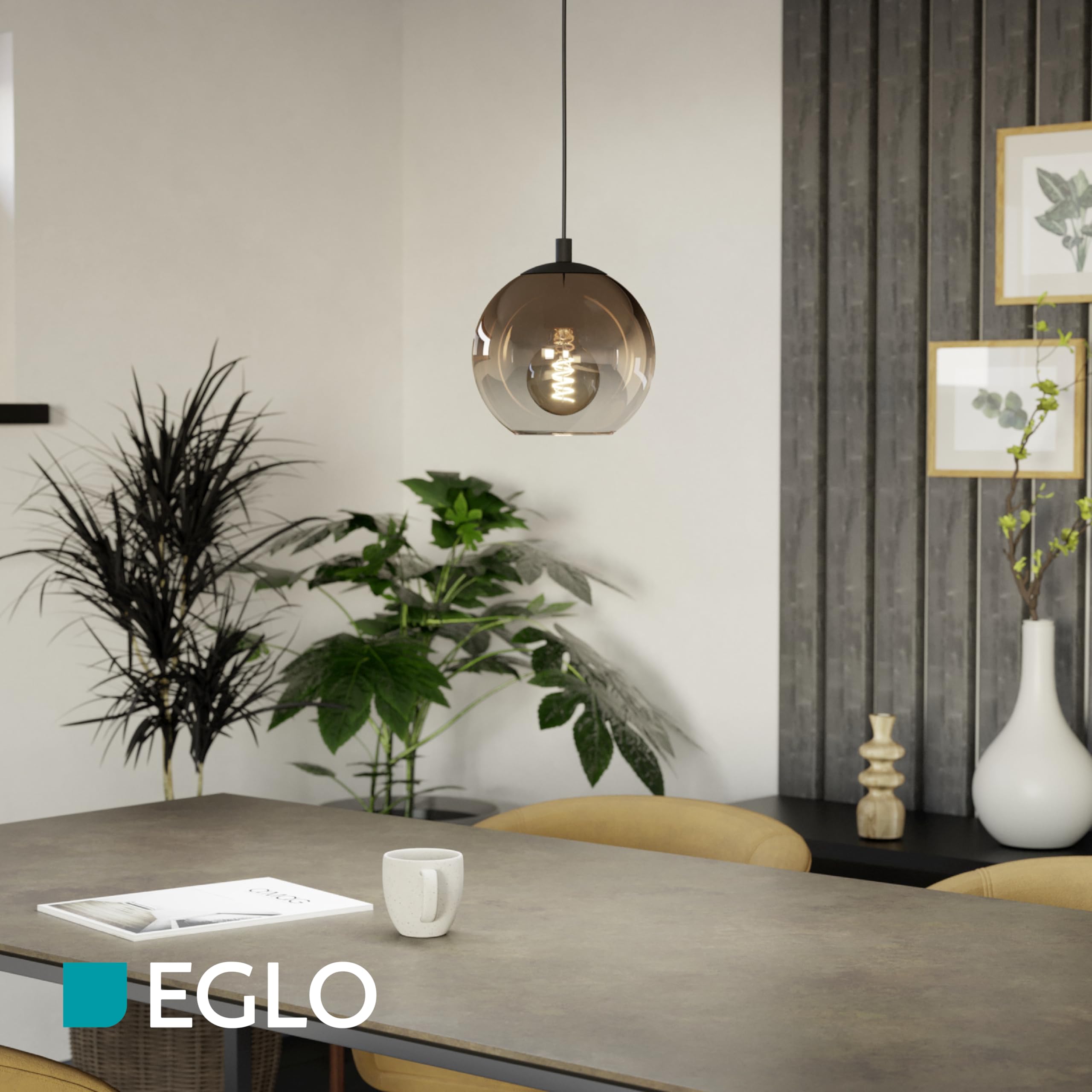 Eglo lampada a sospensione Ariscani 1, a 1 luce, lampadario per tavolo | da pranzo, in metallo nero e vetro color rame, attacco E27, Ø 42,5 cm