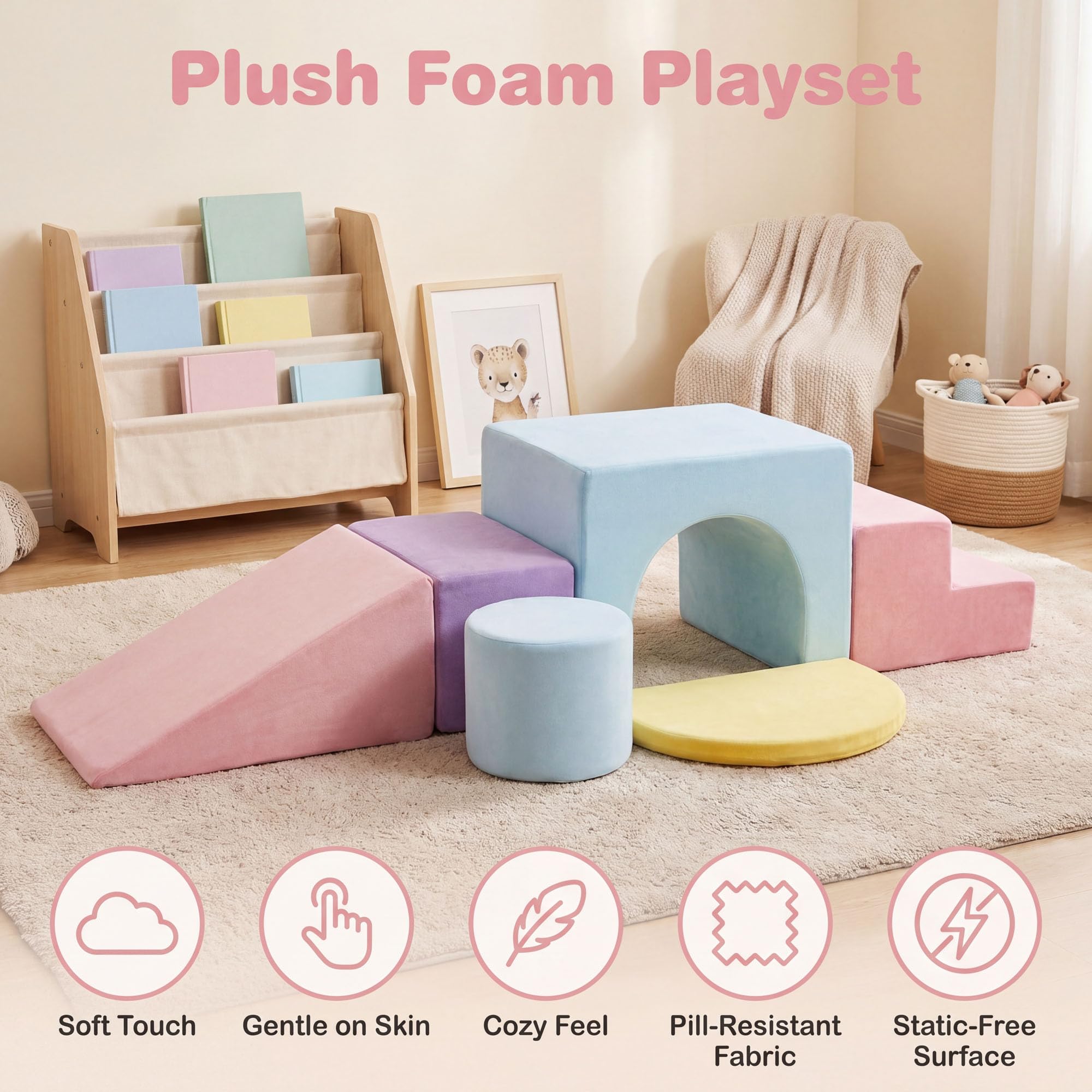 LIFEZEAL 6 Blocchi Morbidi per Bambini 3+ Anni, Costruzini Lavabili con Arrampicata, Scivolo e Scaletta, Mattoncini in Schiuma a Diverse Forme, Giochi Sensoriali per Cameretta e Asilo (Rosa)