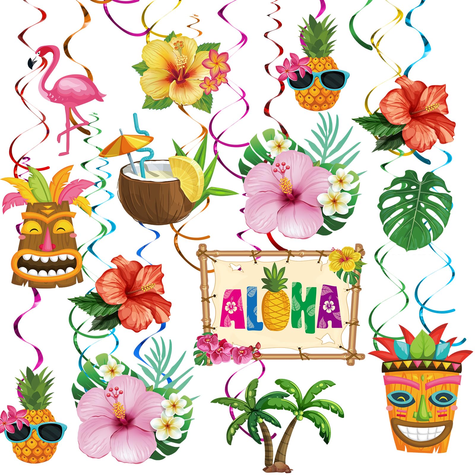 30-Piece Hawaiian Luau Decor - Aloha Tropical Palm Flamingo Sign Foil Ceiling Decor for Hawaiian Tropical Summer Beach Pool Tiki Party Supplies