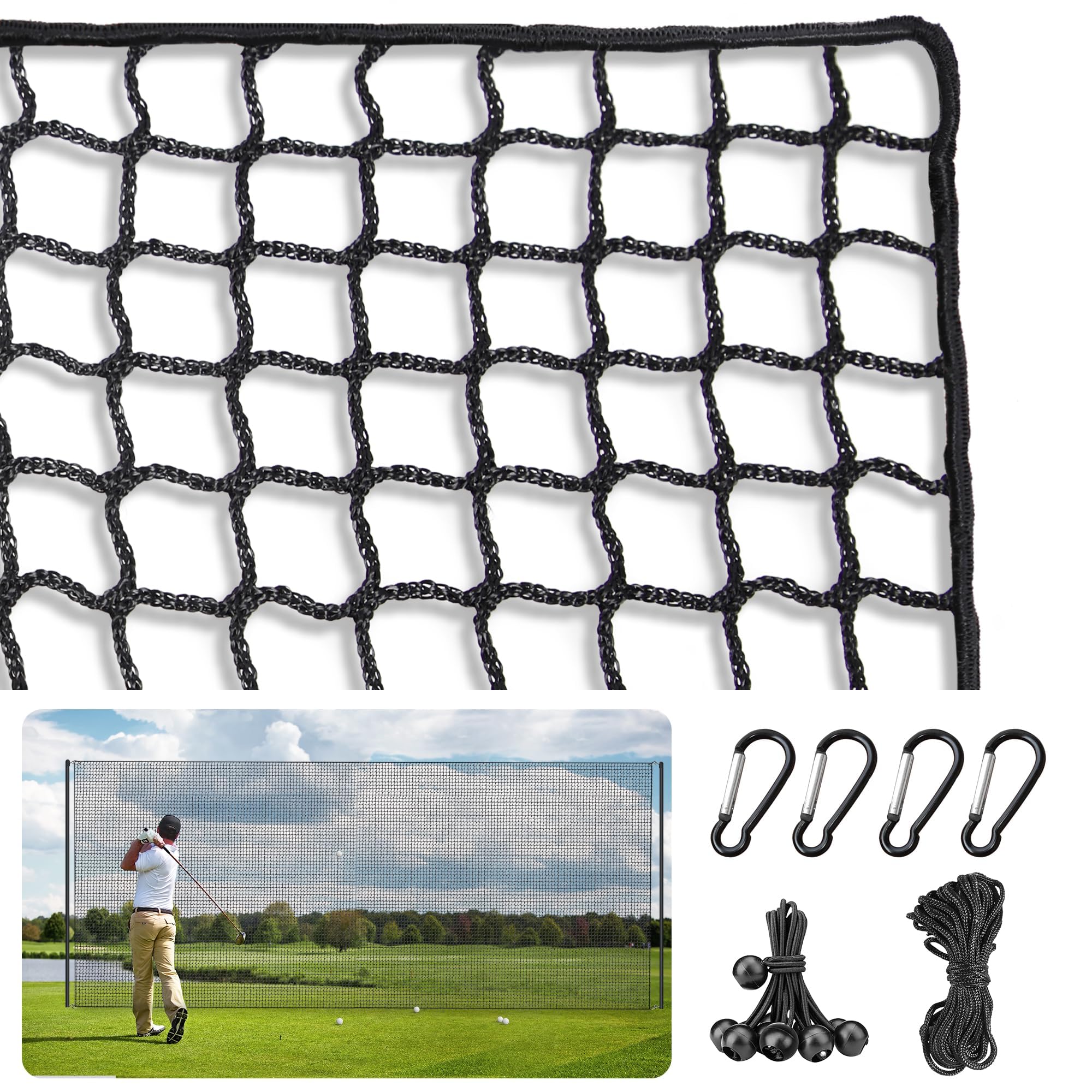 ORIENGEAR10x10ft/10x15ft/10x20ft Golf Practice Hitting Polyester Net with Rope and Buckle, Driving Nets for Golf, Hockey, Baseball and More Sports, Suitable for Backyard, Garden and Indoor Use