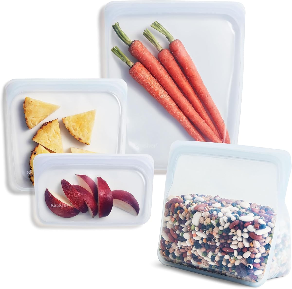 Stasher Premium Bolsas reutilizables de silicona para almacenamiento de alimentos, paquete de 4, transparente | Silicona apta para alimentos, ecológica, bolsas reutilizables para congelador, microondas, lavavajillas, horno, bolsas para refrigerios, recipientes para almuerzo, preparación de comidas