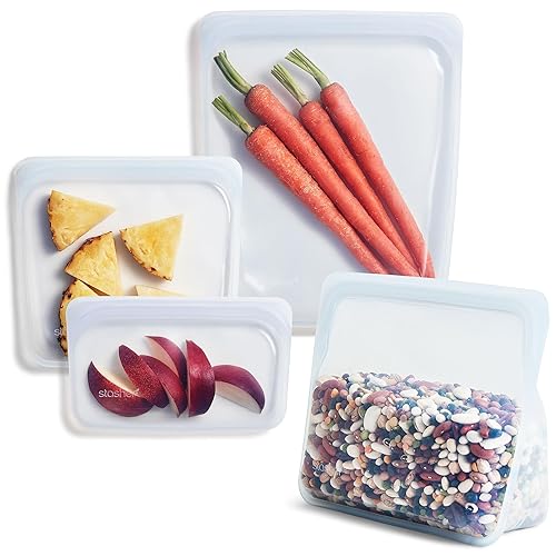 Stasher Premium Silicone Reusable Food Storage Bags, 4-Pack, Clear, Multi-Use Food Storage Bags, Lunch Bag, Travel Containers, BPA Free, Leak-free, Dishwasher-Safe, Eco-friendly - Clear - 4-Pack