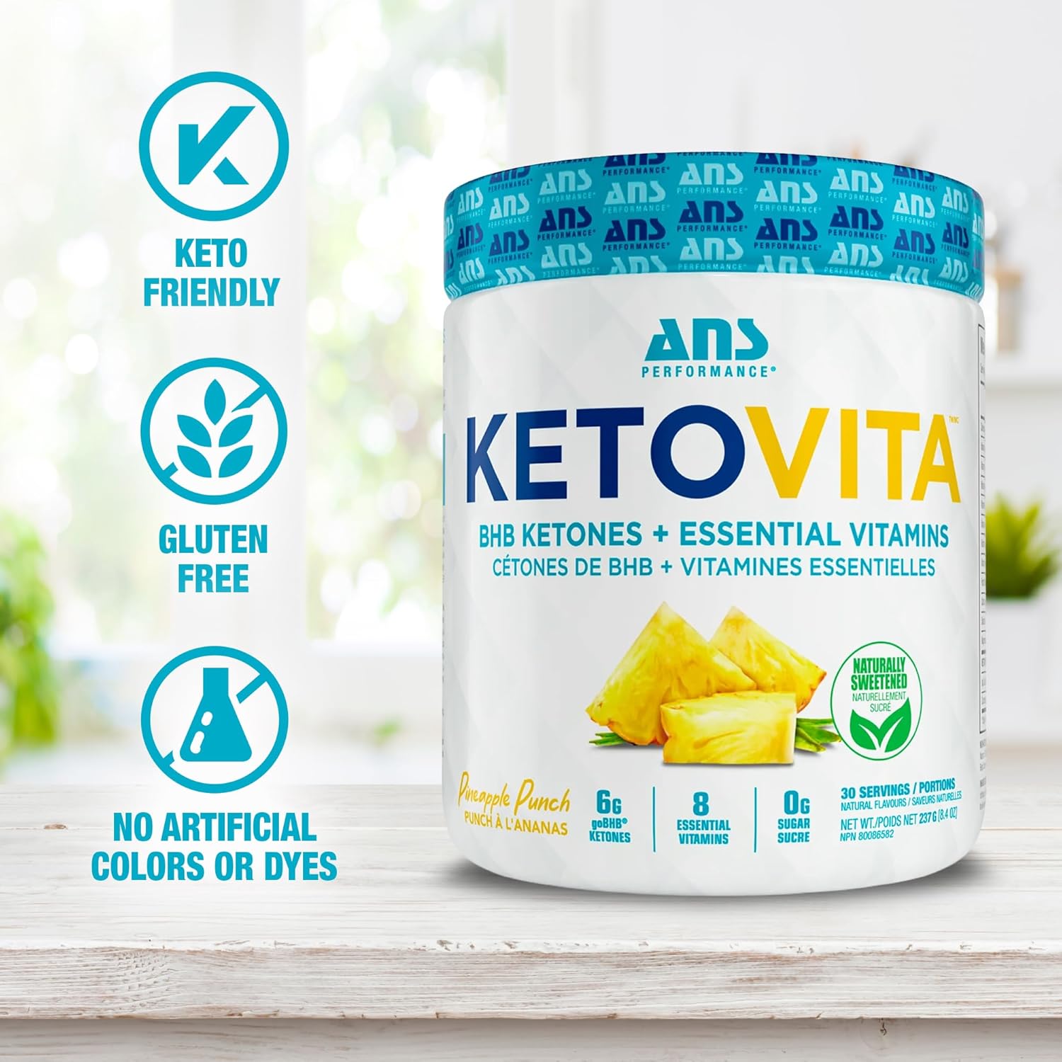 ANS Performance Ketovita Supplement Beta-Hydroxybutyrate Ketones Drink Powder with Zero Sugar and 30 Servings, Boosts Metabolism, Pineapple Punch