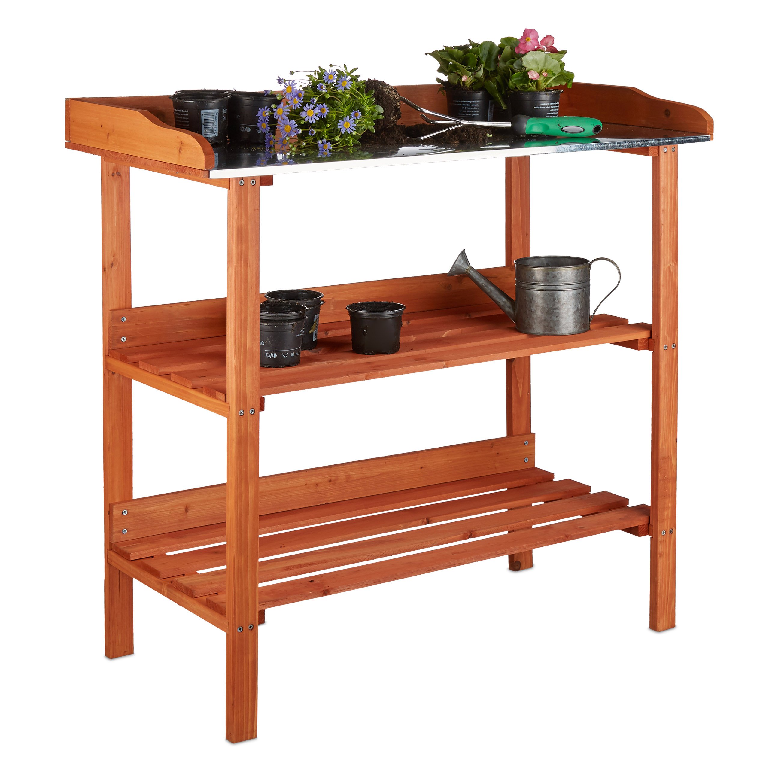 Relaxdays Mesa Jardinería de 3 Niveles, Estantería Plantas, Madera-Acero, 87,5 x 91,8 x 41,5 cm, Marrón Anaranjado