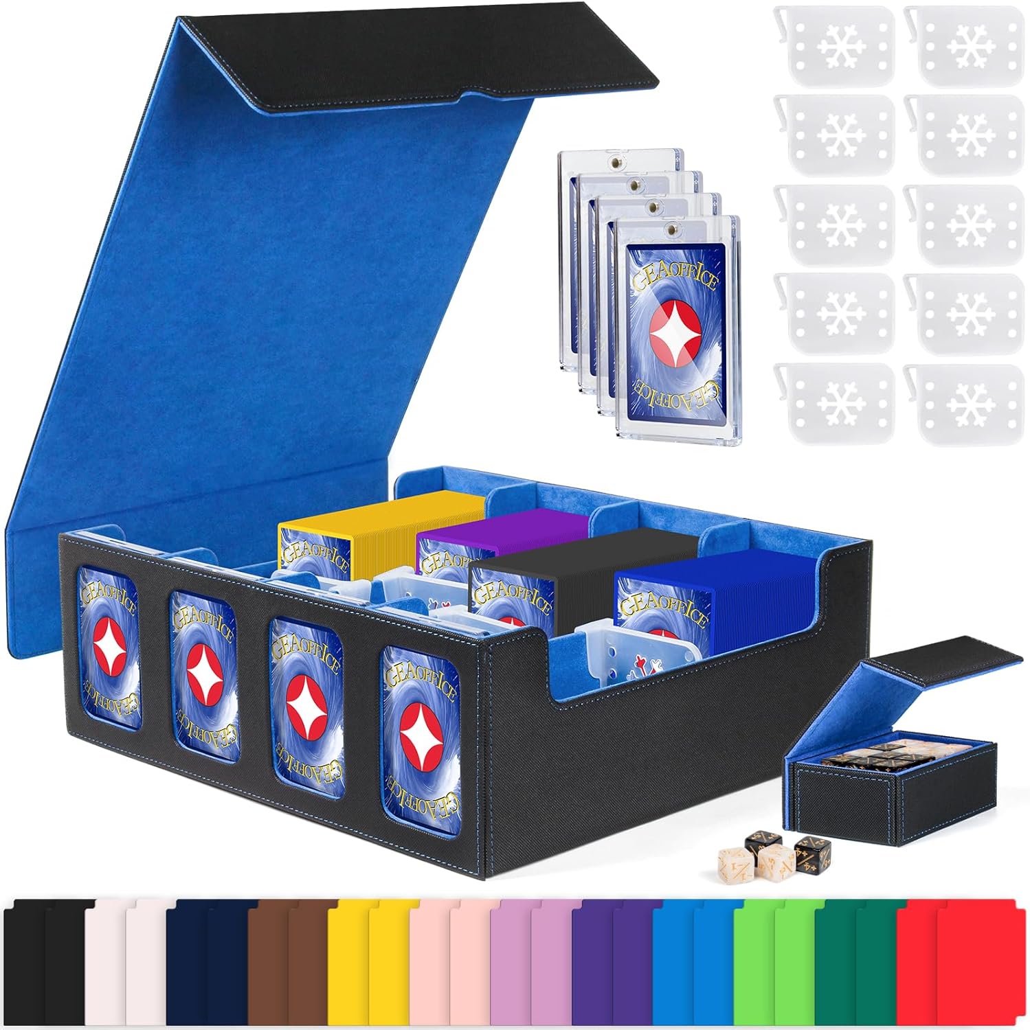 GEAoffice Trading Card Storage Box with Commander Display, 3200+ Card Deck Case with Magnetic Removable Lid, 4-Row Deck Box for MTG/TCG/Sports/Games, 10 Stoppers, 24 Dividers, 1 Dice Tray, Black Blue