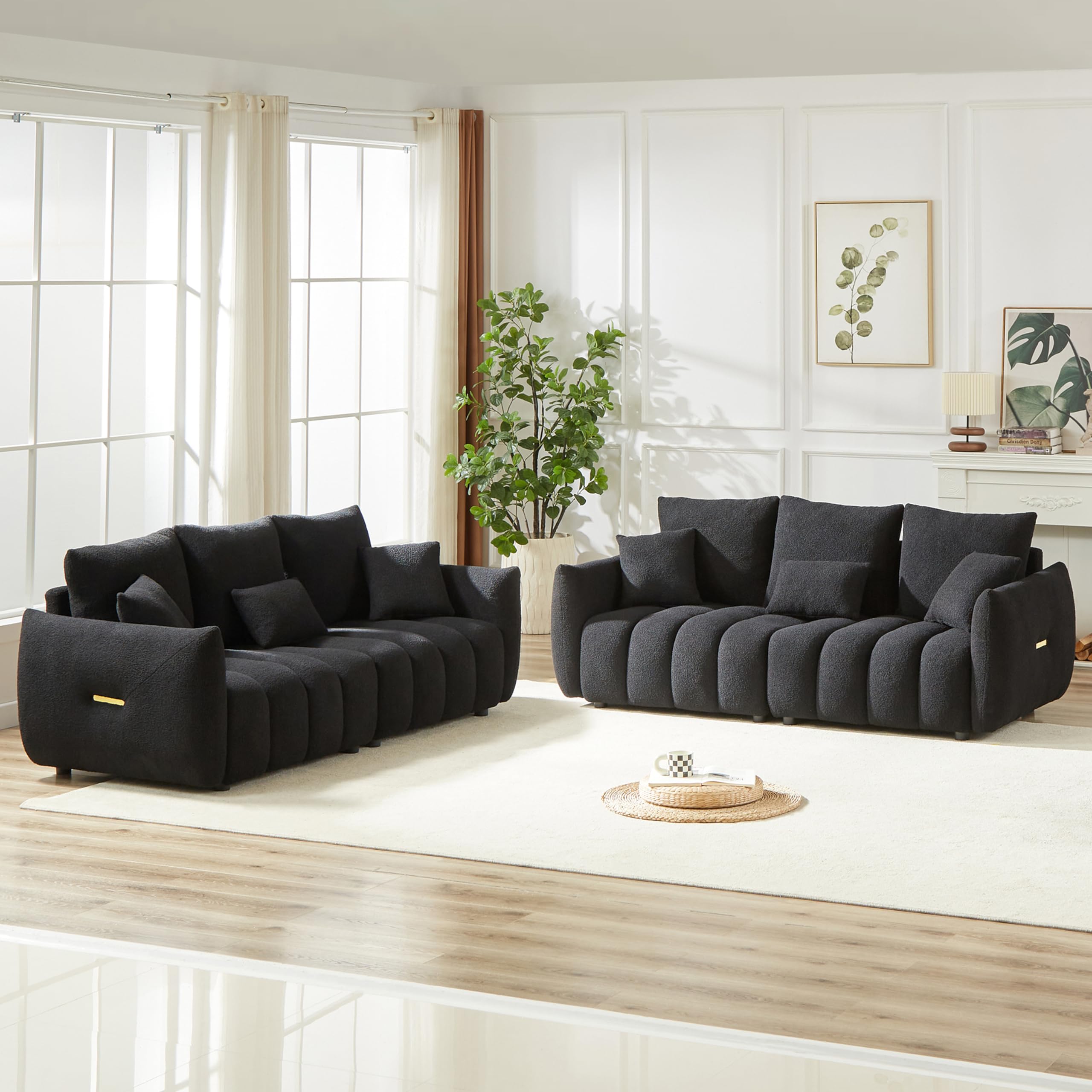 2 Pieses Modern Sofa Sets Luxury Teddy Upholstered Golden Element Accents Armrests Tufted Sofa&Couch Include 3 Seater Couches and 12 Pillows for Living Room, Bedroom, Apartment and Office Furniture