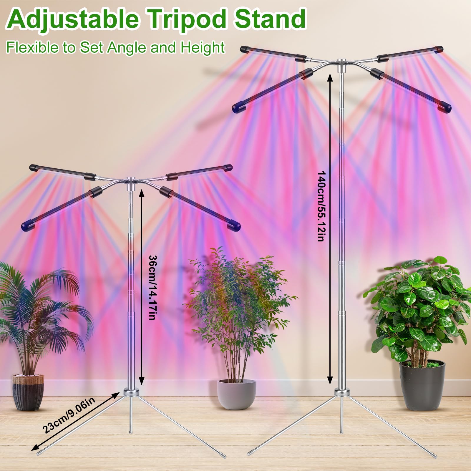 Pflanzenlampe LED Vollspektrum 4 Köpfe Grow Light 3 Lichter Modi und 9 Arten von Helligkeit Wachstumslampen Pflanzenleuchte Pflanzenlicht LED mit Zeitschaltuhr 3/9/12 Std Höhenverstellbare