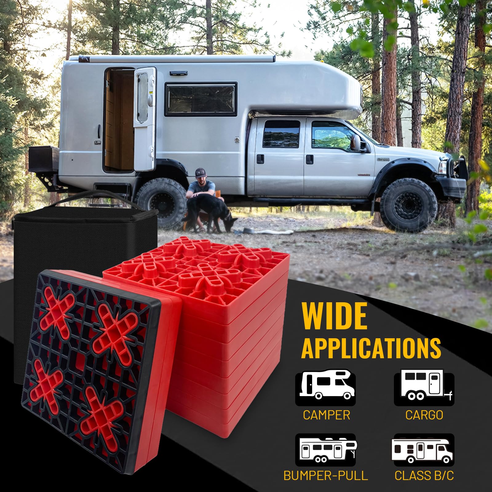 HOXWELL Bloques de nivelación resistentes para caravana, paquete de 10, bloques estabilizadores de diseño entrelazado para altura personalizable, accesorios para remolque de caravana con bolsa de