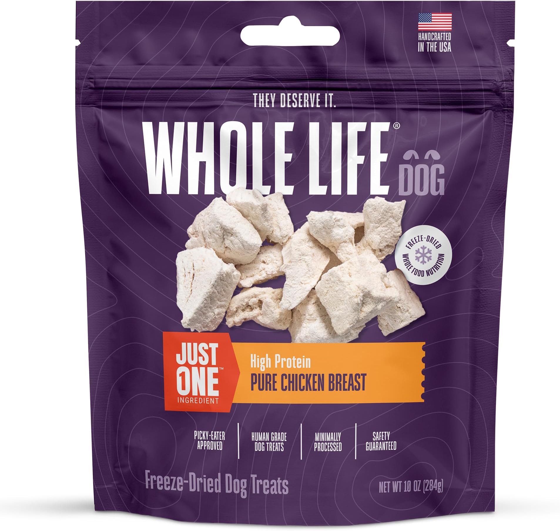 Whole Life Dog Just One Chicken Freeze Dried Dog Treats - Human Grade High Protein Food, Healthy Training Snacks, Freeze Dried Food Toppers, USA Made Natural Treats - 10 oz (Value Pack of 1)