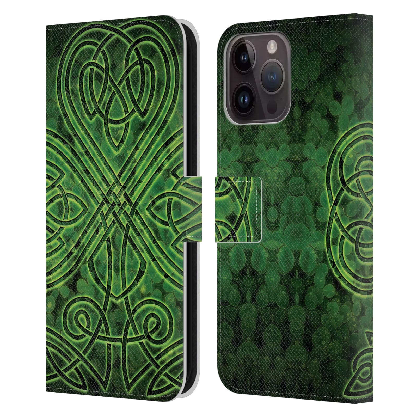 Funda iPhone 15 Pro Max con trébol irlandés diseño celta de cuero tipo libro Head Case Designs 7