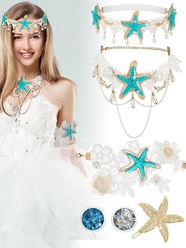 Dingion Accesorios de disfraz de Halloween – Juego de accesorios para el pelo de sirena con diadema de concha de estrella de mar, collar, pulsera de