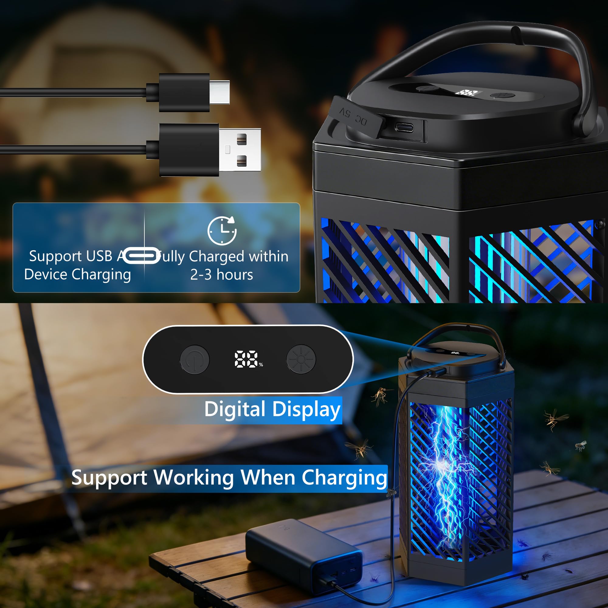 Wiederaufladbarer Insektenvernichter für den Innen- und Außenbereich, 8000 mAh, elektrischer Moskito-Zapper mit LED-Nachtlicht, 2-in-1 tragbarer & kabelloser Insektenvernichter für den Außenbereich