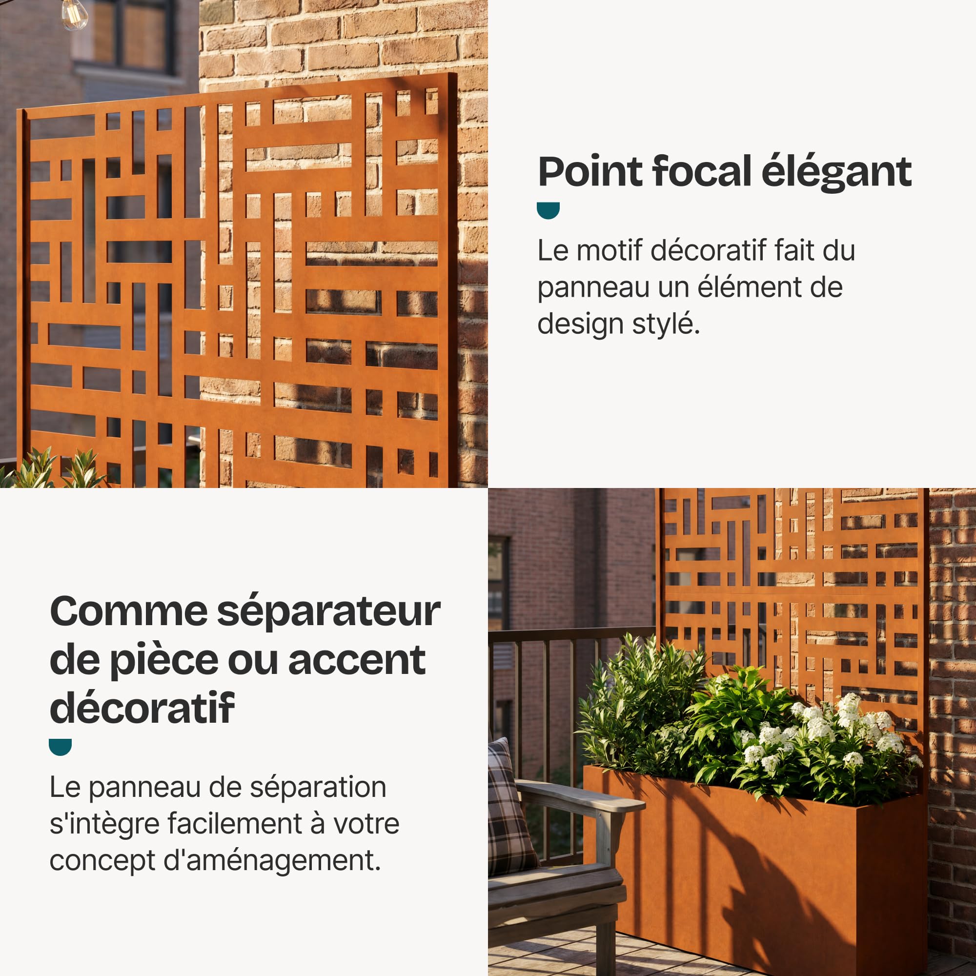 casa.pro Jardinière Brise-Vue Bernalda 146 x 83 x 31 cm Rouille | avec Roulettes Cloison de Séparation Paravent avec Bac à Fleurs Résistant aux UV et Intempéries Élégant Acier Corten