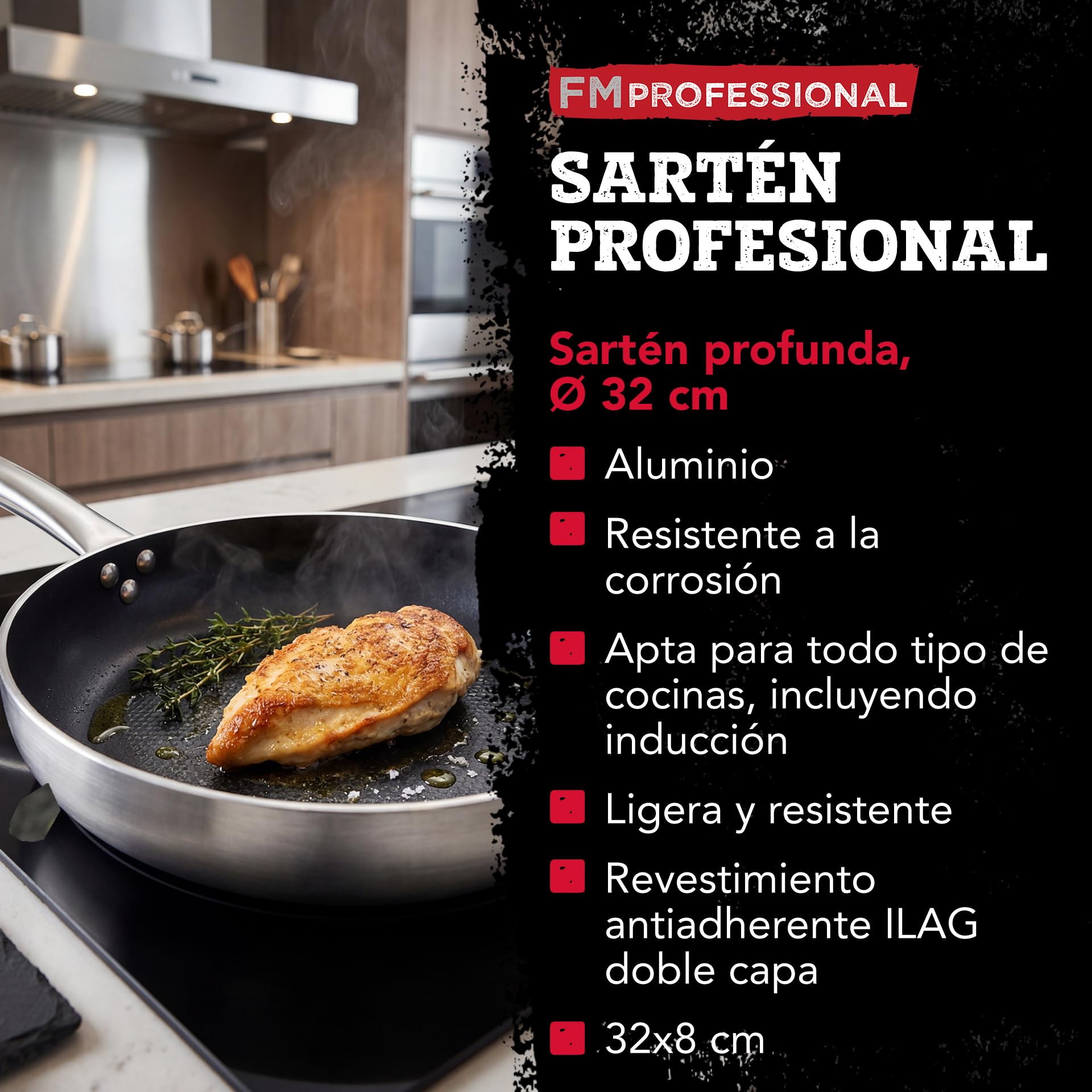FMprofessional Sartén Profunda Antiadherente 32 cm, Revestimiento Antiadherente ILAG Essential Doble Capa, Alta Conductividad Térmica, Ligera y Resistente a la Corrosión, 32x7,8 cm, 1 ud