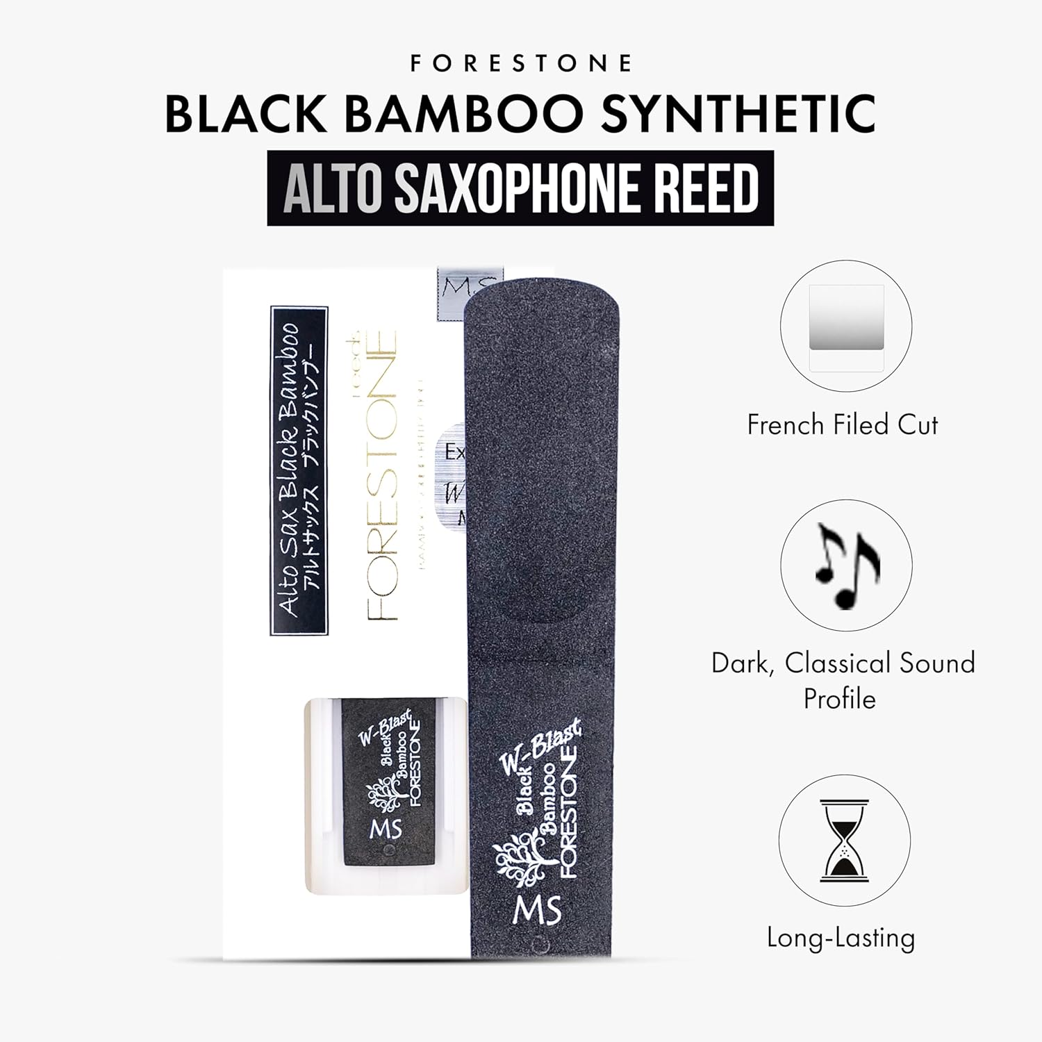 Forestone Black Bamboo W-Blast Synthetic Alto Saxophone Reed with Bamboo Fiber and Carbon Blend, French Filed Cut with Dark, Classical Sound Profile - Long-Lasting - Made in Japan Medium Soft (MS)